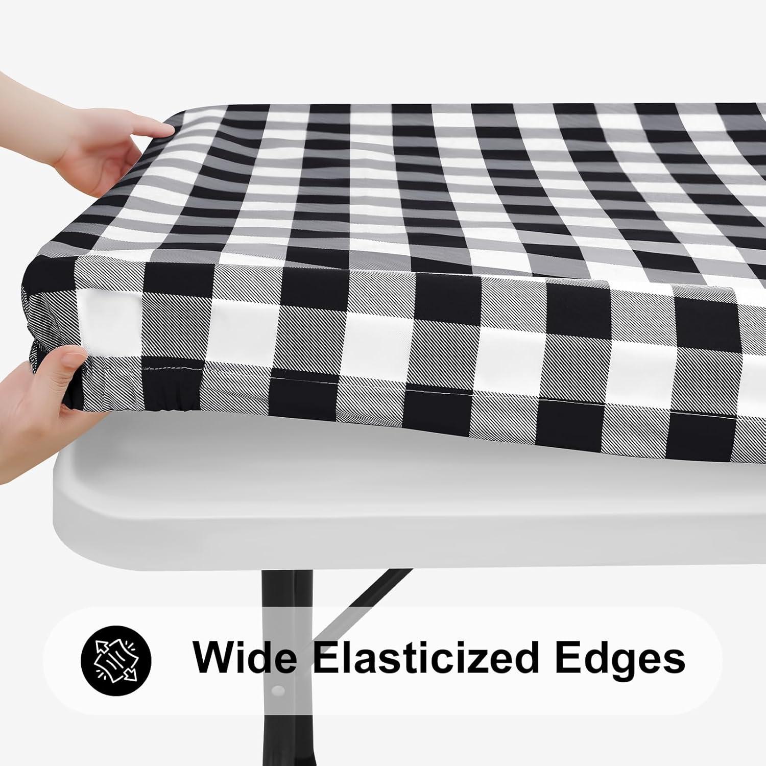 imageSmiry Rectangle Picnic Table Cloth Elastic Waterproof Fitted Vinyl Tablecloth for 4 FT Tables Flannel Backed Buffalo Plaid Table Covers for Dining Camping Outdoor White and Grey 30quot x 48quotBlack and White