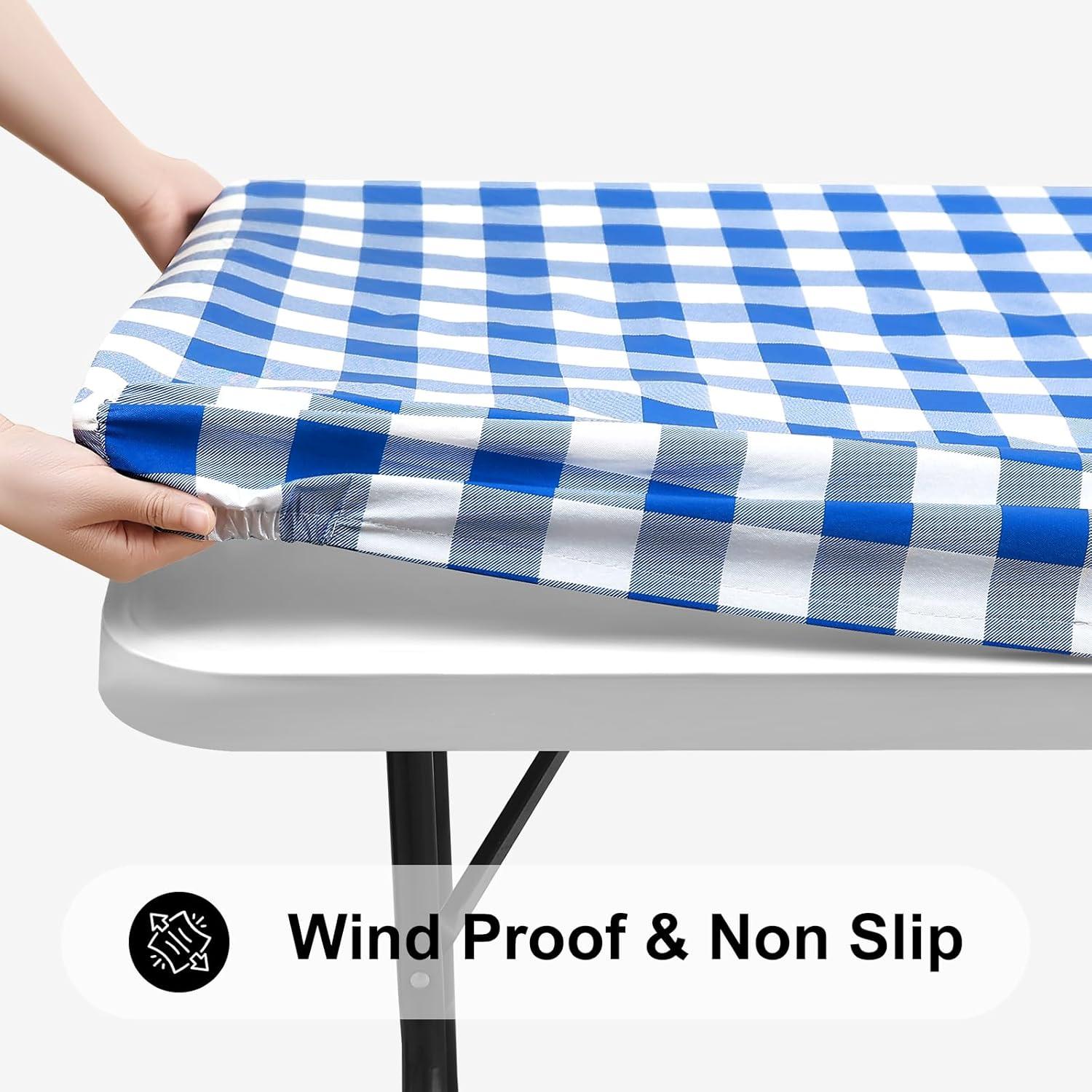 imageSmiry Rectangle Picnic Table Cloth Elastic Waterproof Fitted Vinyl Tablecloth for 4 FT Tables Flannel Backed Buffalo Plaid Table Covers for Dining Camping Outdoor White and Grey 30quot x 48quotBlue and White
