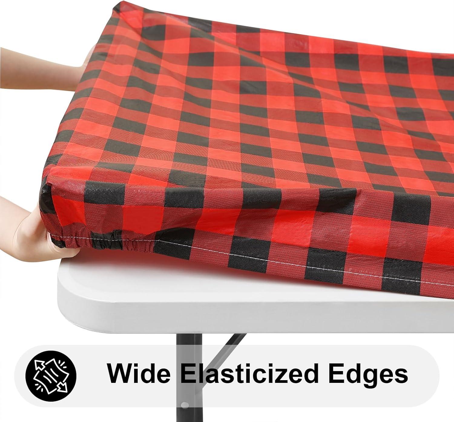 imageSmiry Rectangle Picnic Table Cloth Elastic Waterproof Fitted Vinyl Tablecloth for 4 FT Tables Flannel Backed Buffalo Plaid Table Covers for Dining Camping Outdoor White and Grey 30quot x 48quotRed and Black