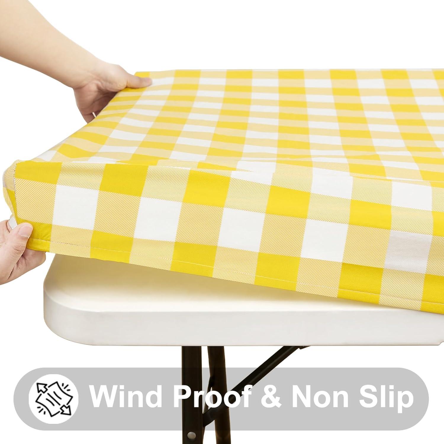 imageSmiry Rectangle Picnic Table Cloth Elastic Waterproof Fitted Vinyl Tablecloth for 4 FT Tables Flannel Backed Buffalo Plaid Table Covers for Dining Camping Outdoor White and Grey 30quot x 48quotYellow and White