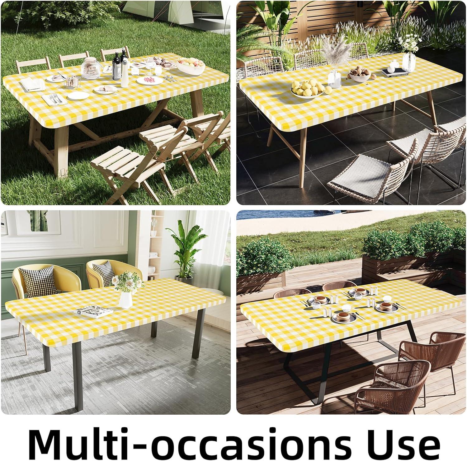 imageSmiry Rectangle Picnic Table Cloth Elastic Waterproof Fitted Vinyl Tablecloth for 4 FT Tables Flannel Backed Buffalo Plaid Table Covers for Dining Camping Outdoor White and Grey 30quot x 48quotYellow and White