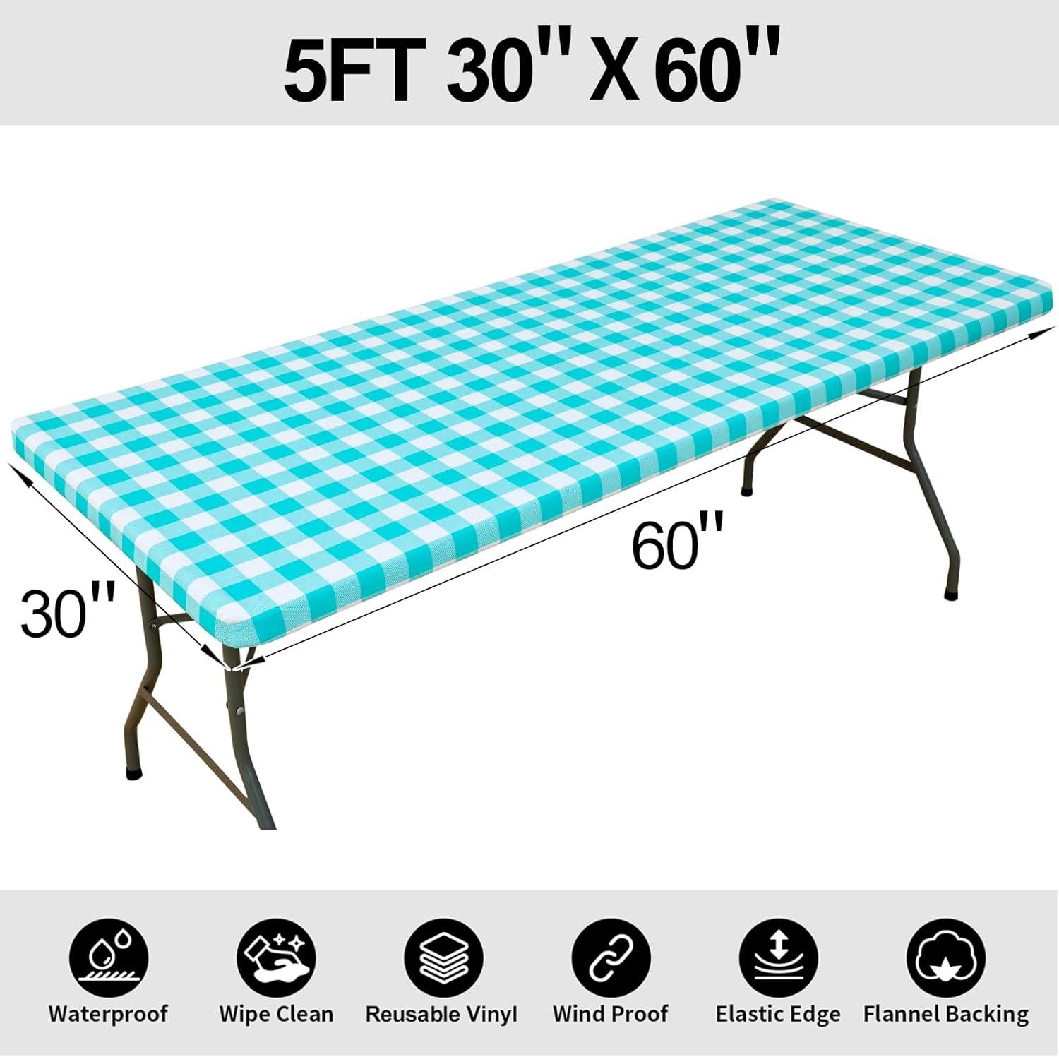 imageSmiry Rectangle Picnic Table Cloth Elastic Waterproof Fitted Vinyl Tablecloth for 4 FT Tables Flannel Backed Buffalo Plaid Table Covers for Dining Camping Outdoor White and Grey 30quot x 48quotTeal and White
