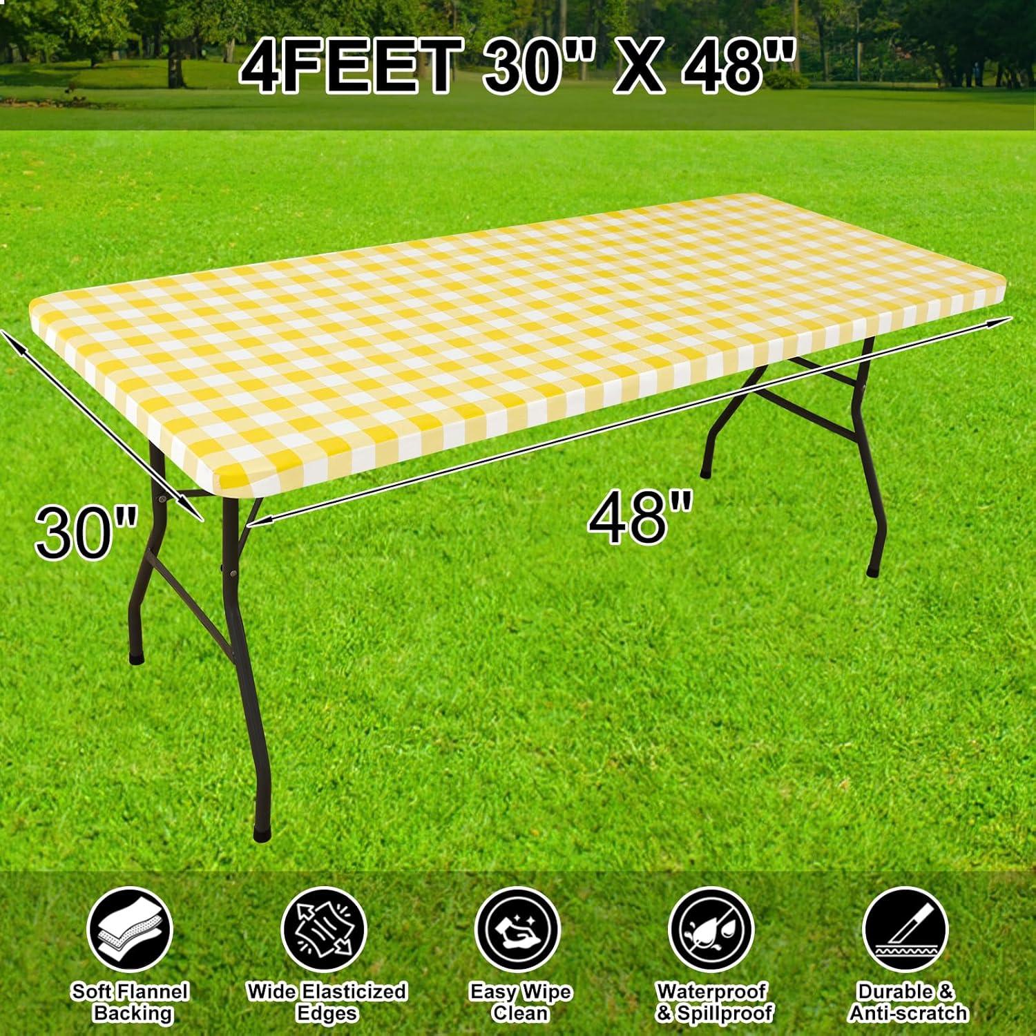 imageSmiry Rectangle Picnic Table Cloth Elastic Waterproof Fitted Vinyl Tablecloth for 4 FT Tables Flannel Backed Buffalo Plaid Table Covers for Dining Camping Outdoor White and Grey 30quot x 48quotYellow and White