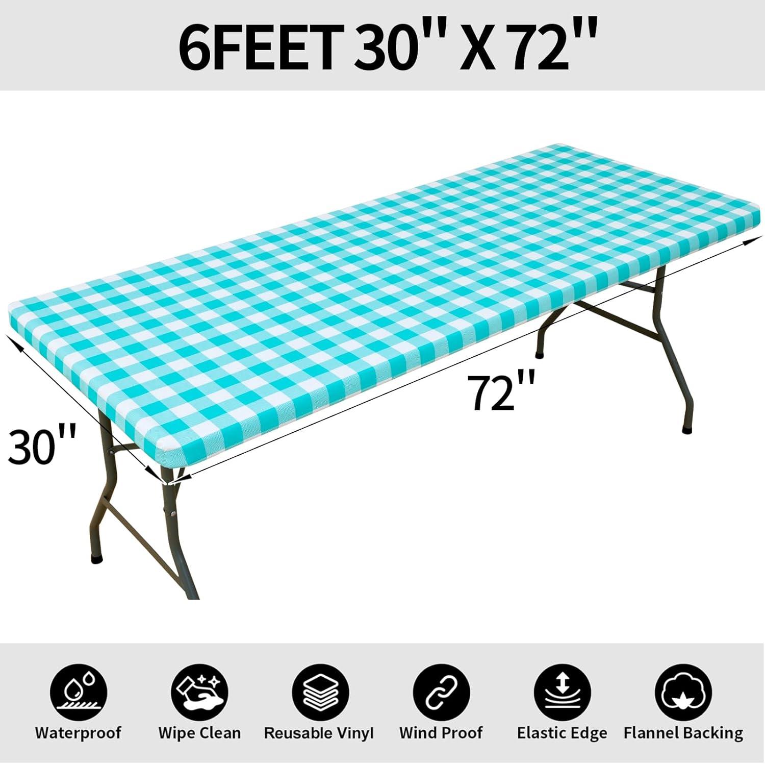 imageSmiry Rectangle Picnic Table Cloth Elastic Waterproof Fitted Vinyl Tablecloth for 4 FT Tables Flannel Backed Buffalo Plaid Table Covers for Dining Camping Outdoor White and Grey 30quot x 48quotTeal and White