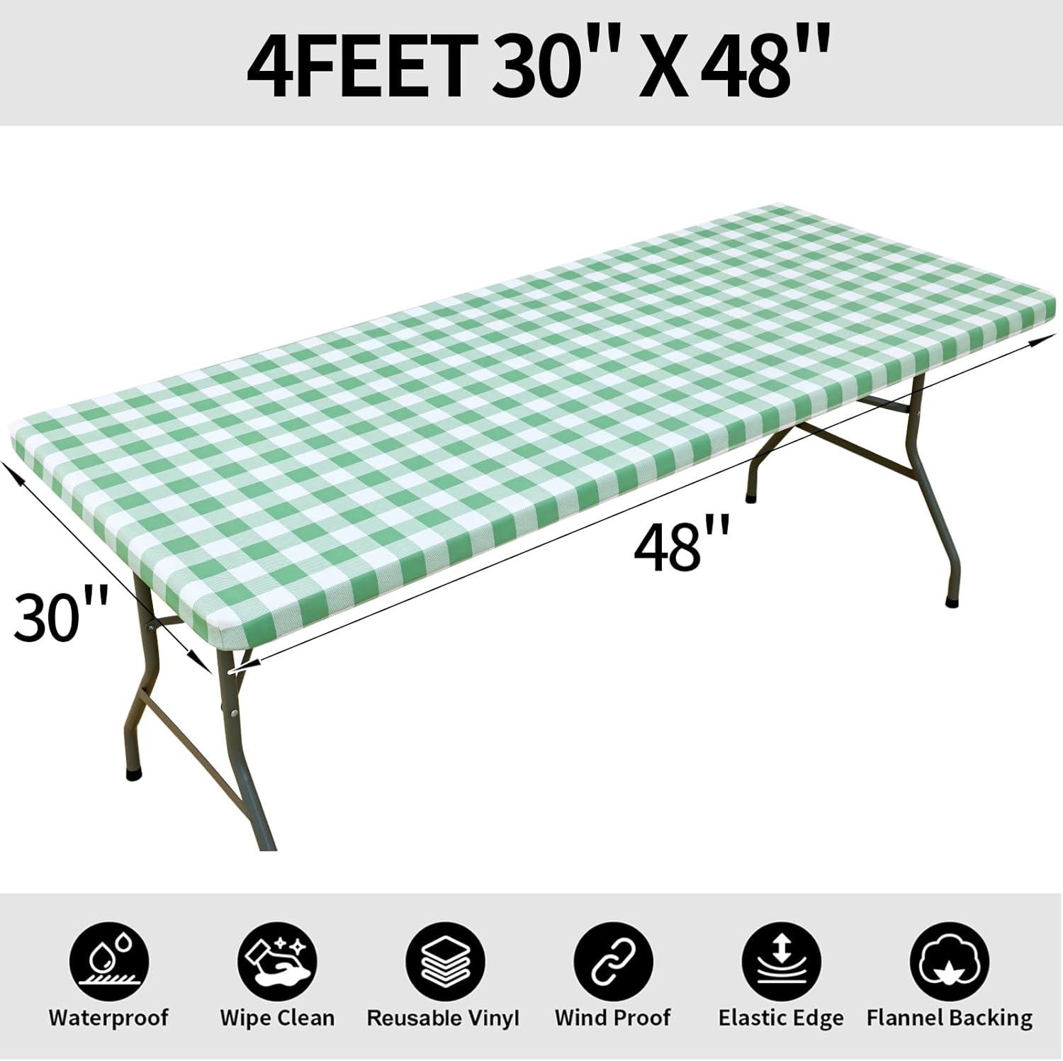 imageSmiry Rectangle Picnic Table Cloth Elastic Waterproof Fitted Vinyl Tablecloth for 4 FT Tables Flannel Backed Buffalo Plaid Table Covers for Dining Camping Outdoor White and Grey 30quot x 48quotSage Green and White