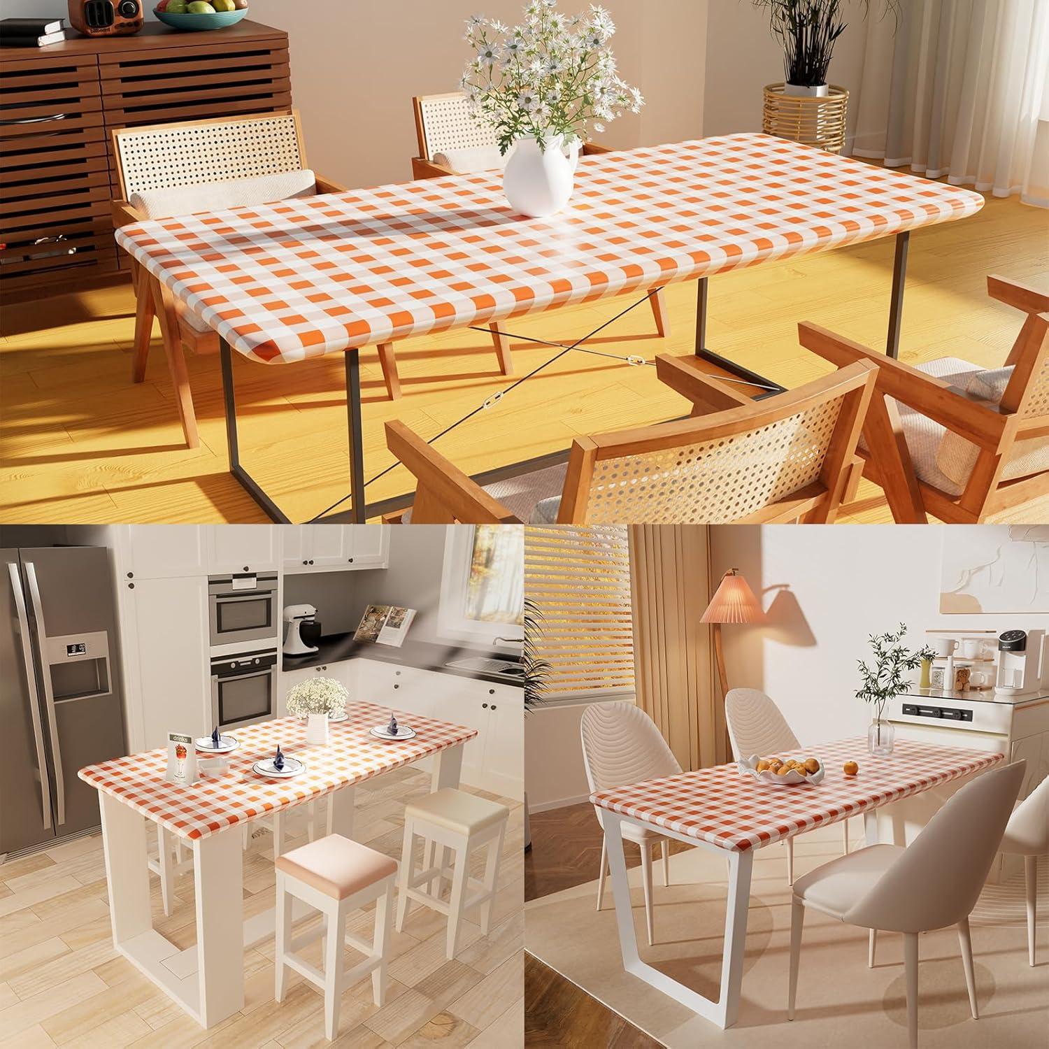 imageSmiry Rectangle Picnic Table Cloth Elastic Waterproof Fitted Vinyl Tablecloth for 4 FT Tables Flannel Backed Buffalo Plaid Table Covers for Dining Camping Outdoor White and Grey 30quot x 48quotOrange and White