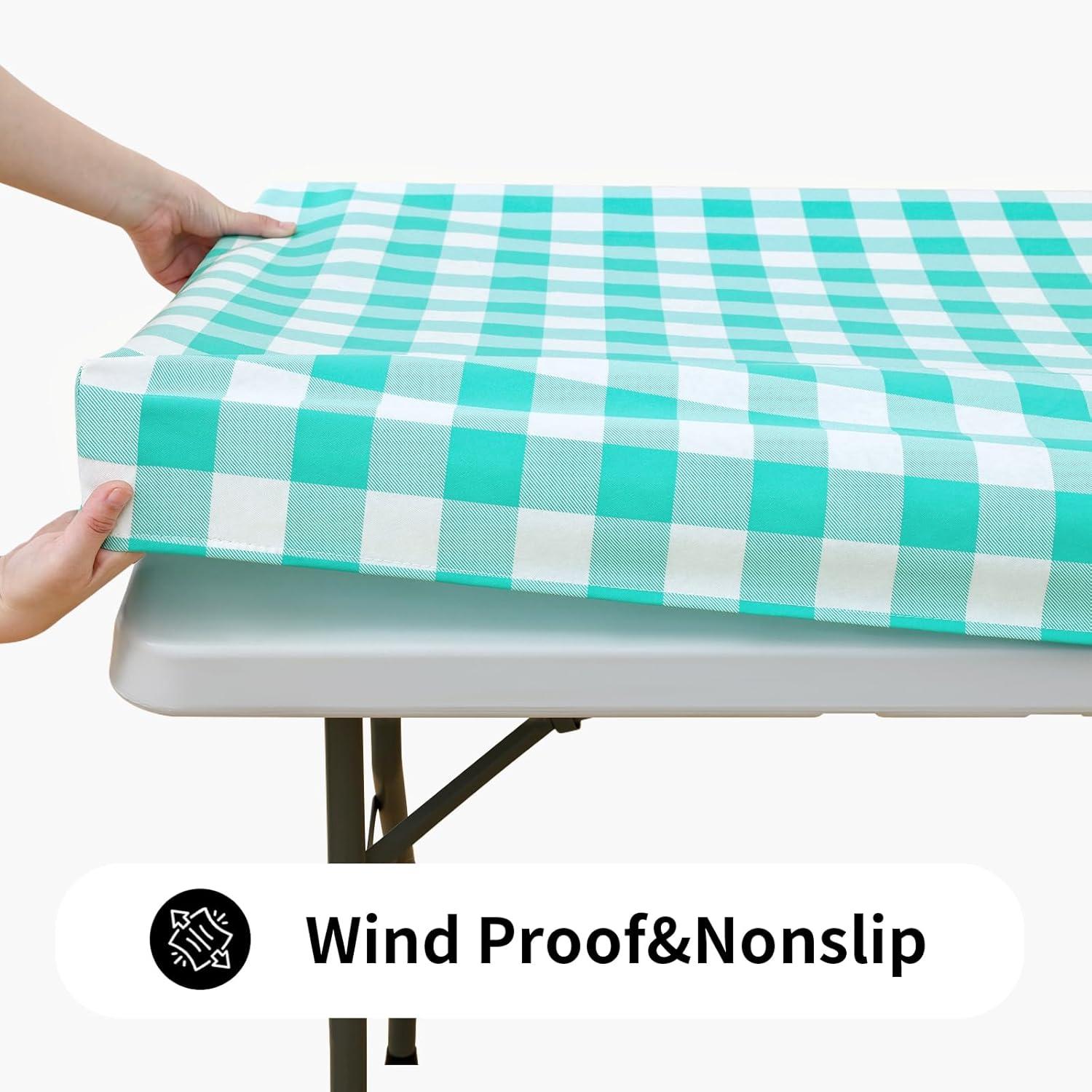 imageSmiry Rectangle Picnic Table Cloth Elastic Waterproof Fitted Vinyl Tablecloth for 4 FT Tables Flannel Backed Buffalo Plaid Table Covers for Dining Camping Outdoor White and Grey 30quot x 48quotTeal and White