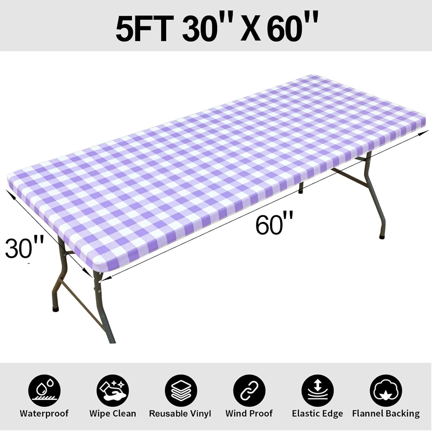 imageSmiry Rectangle Picnic Table Cloth Elastic Waterproof Fitted Vinyl Tablecloth for 4 FT Tables Flannel Backed Buffalo Plaid Table Covers for Dining Camping Outdoor White and Grey 30quot x 48quotPurple and White