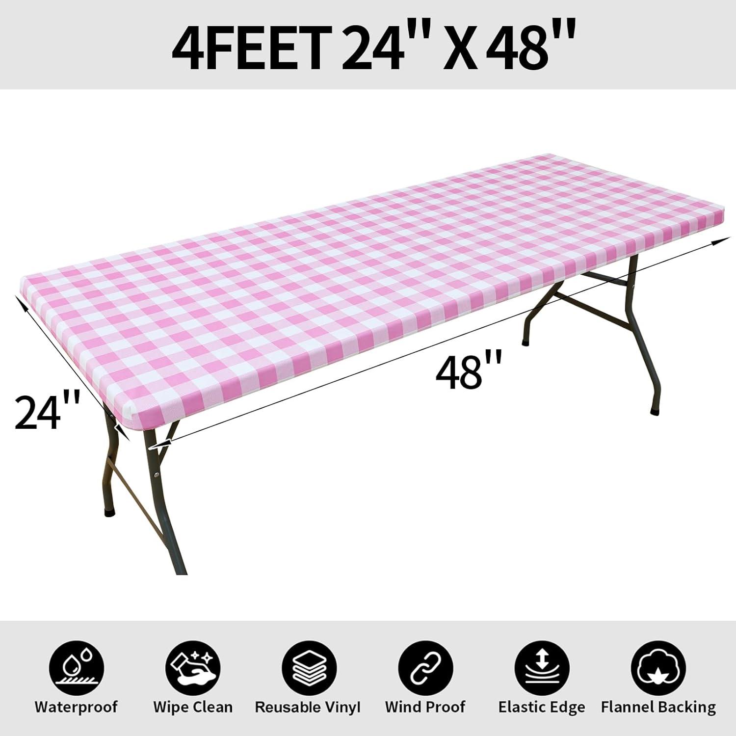 imageSmiry Rectangle Picnic Table Cloth Elastic Waterproof Fitted Vinyl Tablecloth for 4 FT Tables Flannel Backed Buffalo Plaid Table Covers for Dining Camping Outdoor White and Grey 30quot x 48quotPink and White
