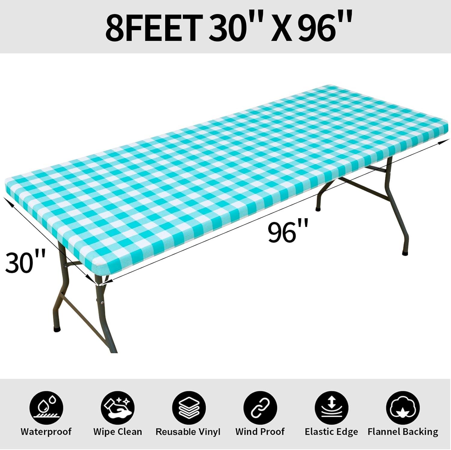 imageSmiry Rectangle Picnic Table Cloth Elastic Waterproof Fitted Vinyl Tablecloth for 4 FT Tables Flannel Backed Buffalo Plaid Table Covers for Dining Camping Outdoor White and Grey 30quot x 48quotTeal and White