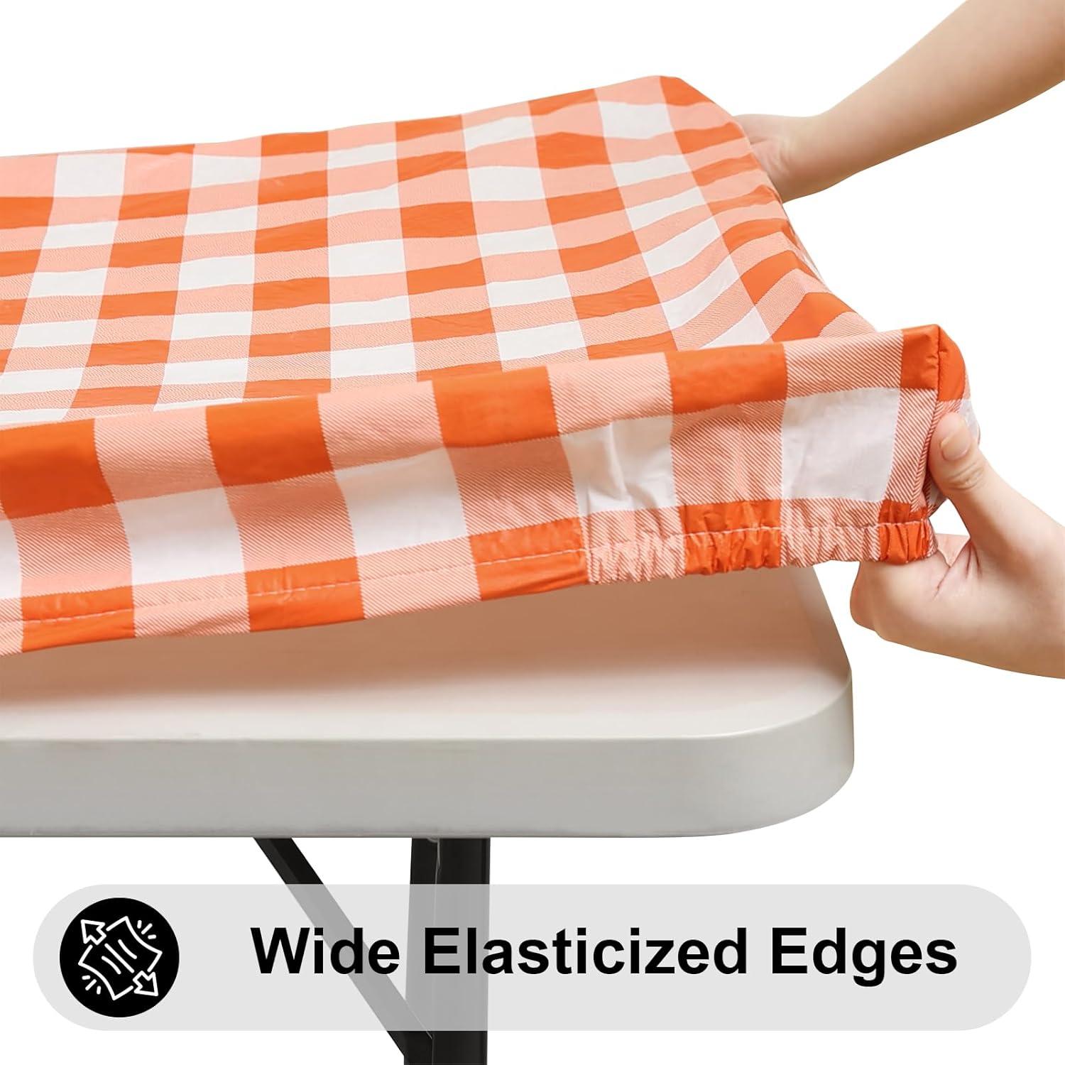 imageSmiry Rectangle Picnic Table Cloth Elastic Waterproof Fitted Vinyl Tablecloth for 4 FT Tables Flannel Backed Buffalo Plaid Table Covers for Dining Camping Outdoor White and Grey 30quot x 48quotOrange and White