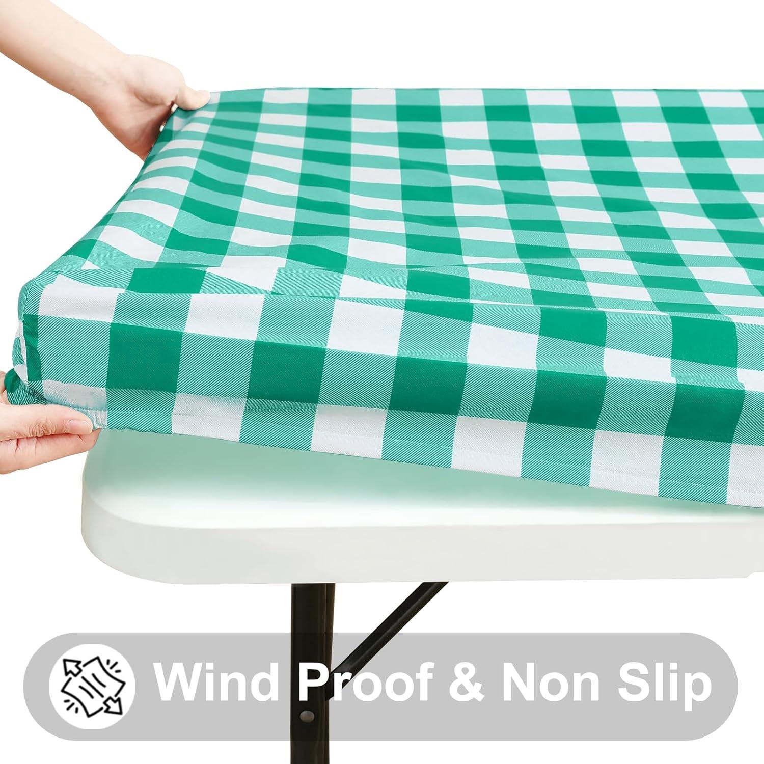 imageSmiry Rectangle Picnic Table Cloth Elastic Waterproof Fitted Vinyl Tablecloth for 4 FT Tables Flannel Backed Buffalo Plaid Table Covers for Dining Camping Outdoor White and Grey 30quot x 48quotGreen and White