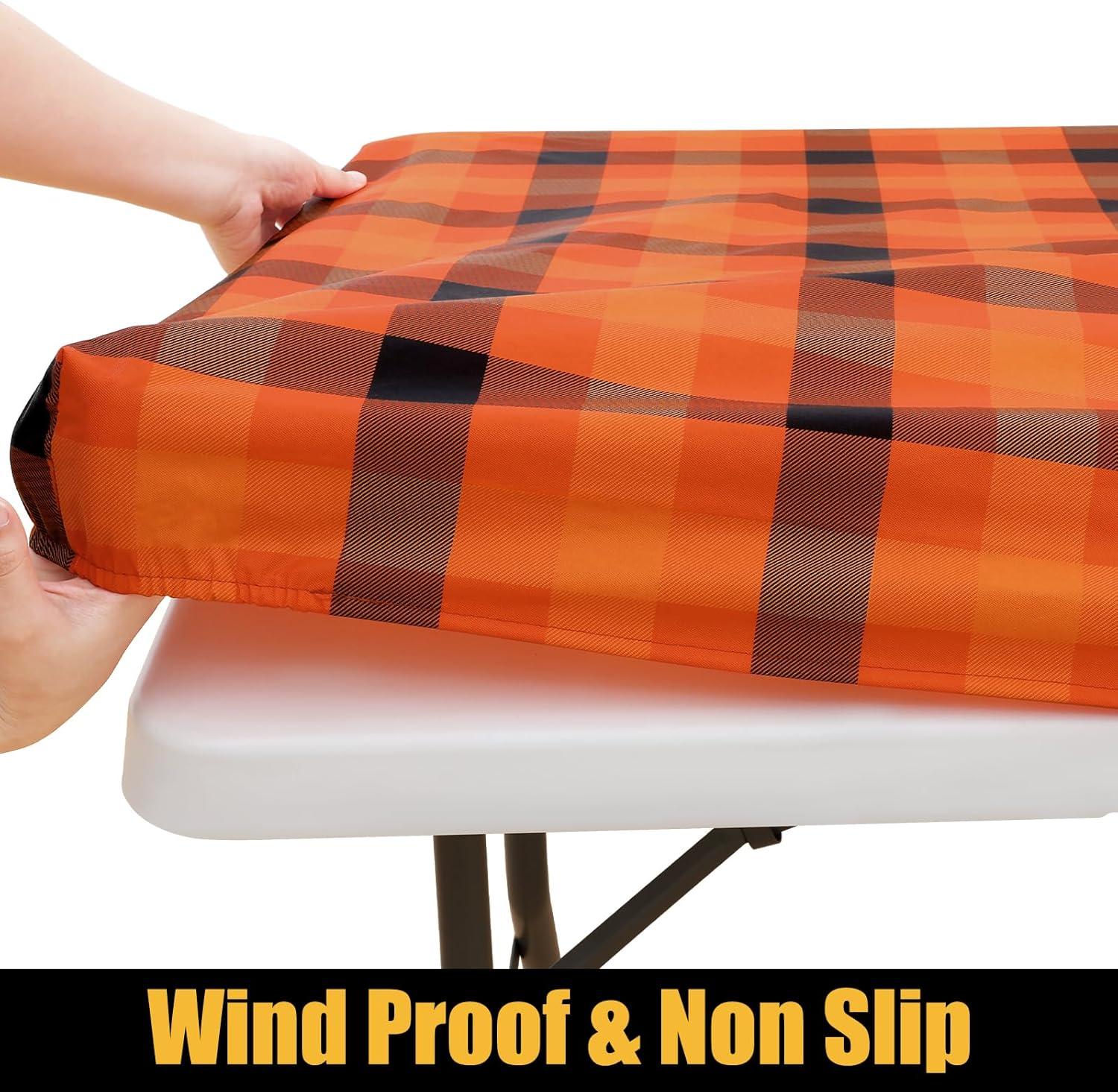 imageSmiry Rectangle Picnic Table Cloth Elastic Waterproof Fitted Vinyl Tablecloth for 4 FT Tables Flannel Backed Buffalo Plaid Table Covers for Dining Camping Outdoor White and Grey 30quot x 48quotOrange and Yellow