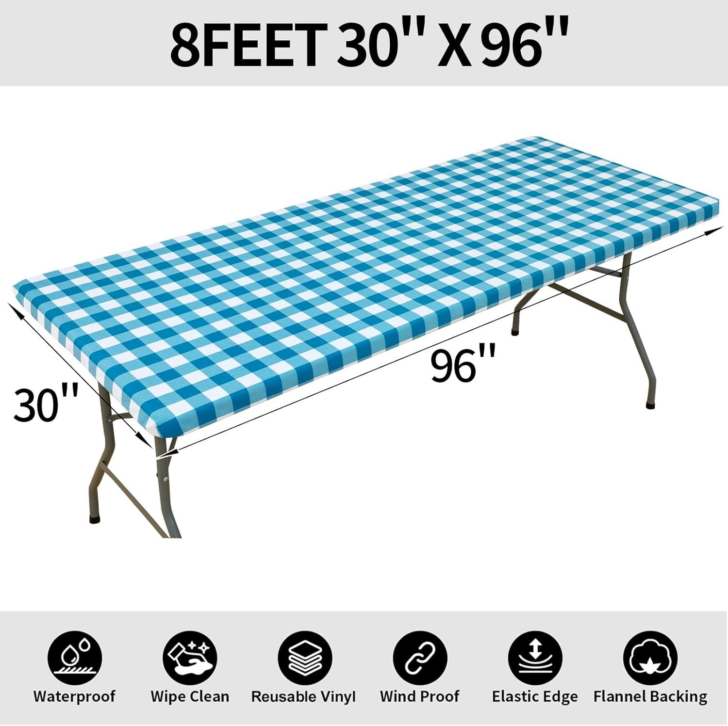 imageSmiry Rectangle Picnic Table Cloth Elastic Waterproof Fitted Vinyl Tablecloth for 4 FT Tables Flannel Backed Buffalo Plaid Table Covers for Dining Camping Outdoor White and Grey 30quot x 48quotTurquoise and White