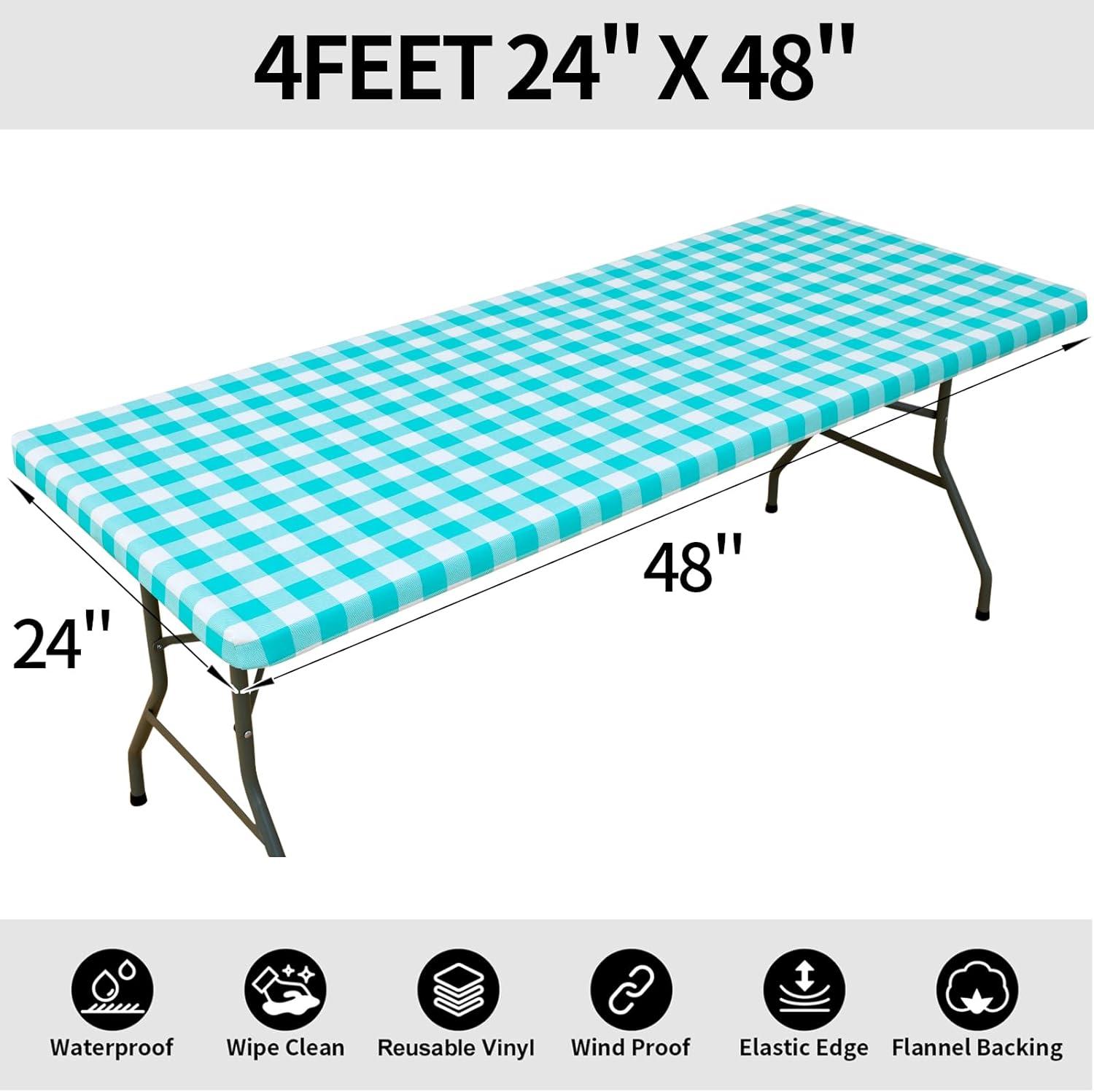 imageSmiry Rectangle Picnic Table Cloth Elastic Waterproof Fitted Vinyl Tablecloth for 4 FT Tables Flannel Backed Buffalo Plaid Table Covers for Dining Camping Outdoor White and Grey 30quot x 48quotTeal and White