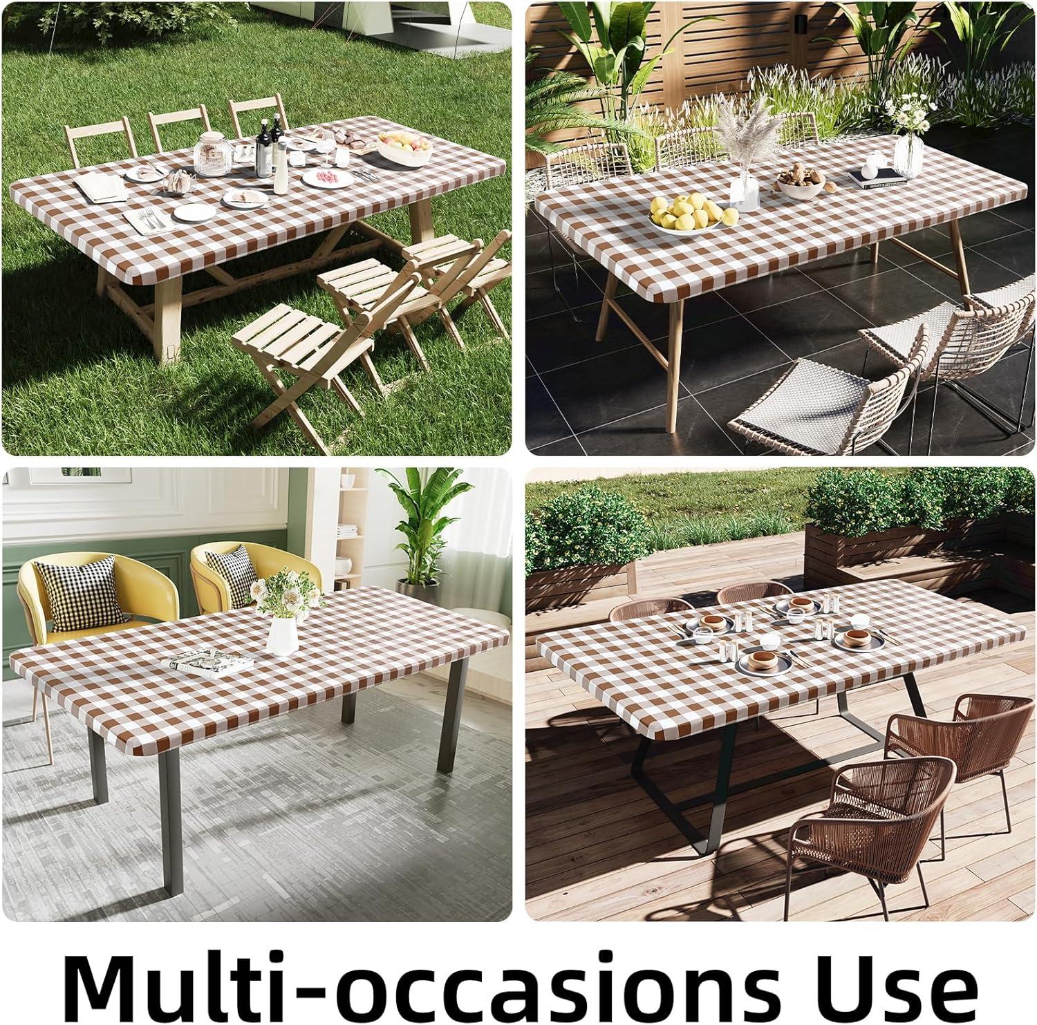 imageSmiry Rectangle Picnic Table Cloth Elastic Waterproof Fitted Vinyl Tablecloth for 4 FT Tables Flannel Backed Buffalo Plaid Table Covers for Dining Camping Outdoor White and Grey 30quot x 48quotBrown and White