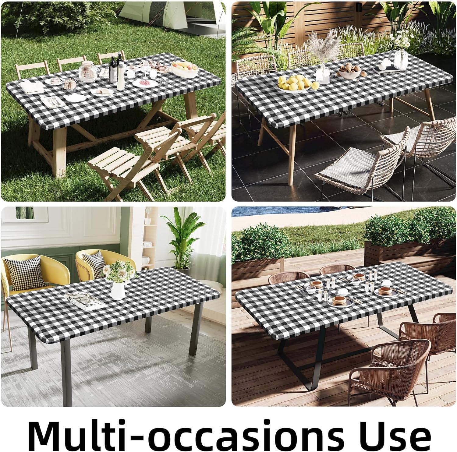 imageSmiry Rectangle Picnic Table Cloth Elastic Waterproof Fitted Vinyl Tablecloth for 4 FT Tables Flannel Backed Buffalo Plaid Table Covers for Dining Camping Outdoor White and Grey 30quot x 48quotBlack and White