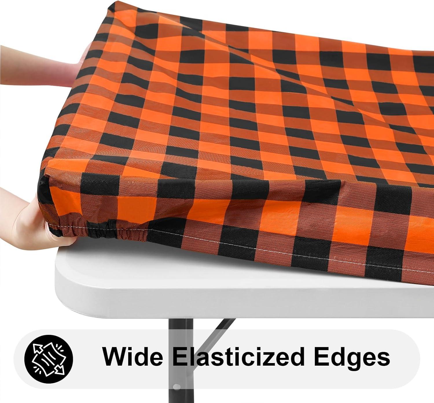 imageSmiry Rectangle Picnic Table Cloth Elastic Waterproof Fitted Vinyl Tablecloth for 4 FT Tables Flannel Backed Buffalo Plaid Table Covers for Dining Camping Outdoor White and Grey 30quot x 48quotOrange and Black