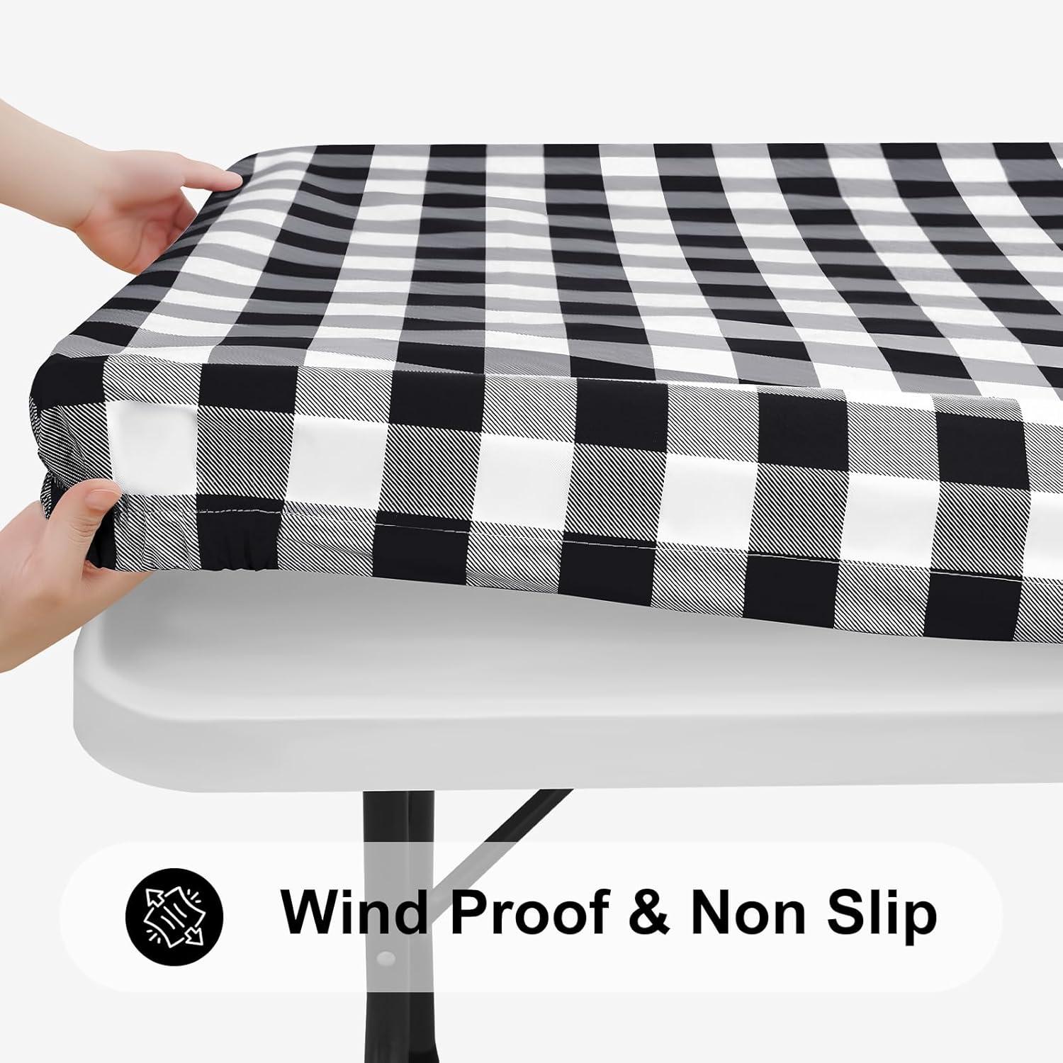 imageSmiry Rectangle Picnic Table Cloth Elastic Waterproof Fitted Vinyl Tablecloth for 4 FT Tables Flannel Backed Buffalo Plaid Table Covers for Dining Camping Outdoor White and Grey 30quot x 48quotBlack and White