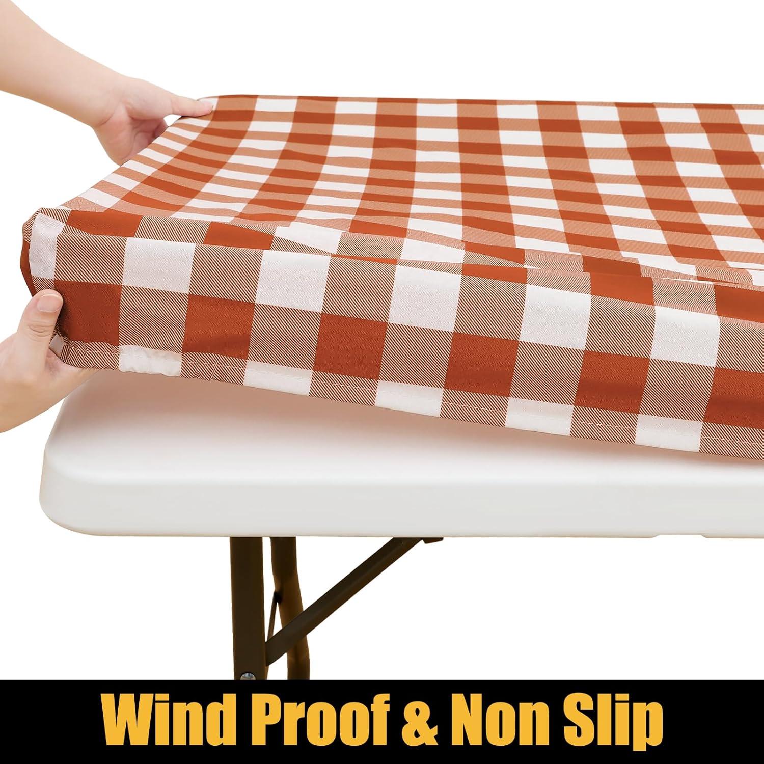 imageSmiry Rectangle Picnic Table Cloth Elastic Waterproof Fitted Vinyl Tablecloth for 4 FT Tables Flannel Backed Buffalo Plaid Table Covers for Dining Camping Outdoor White and Grey 30quot x 48quotRust and White