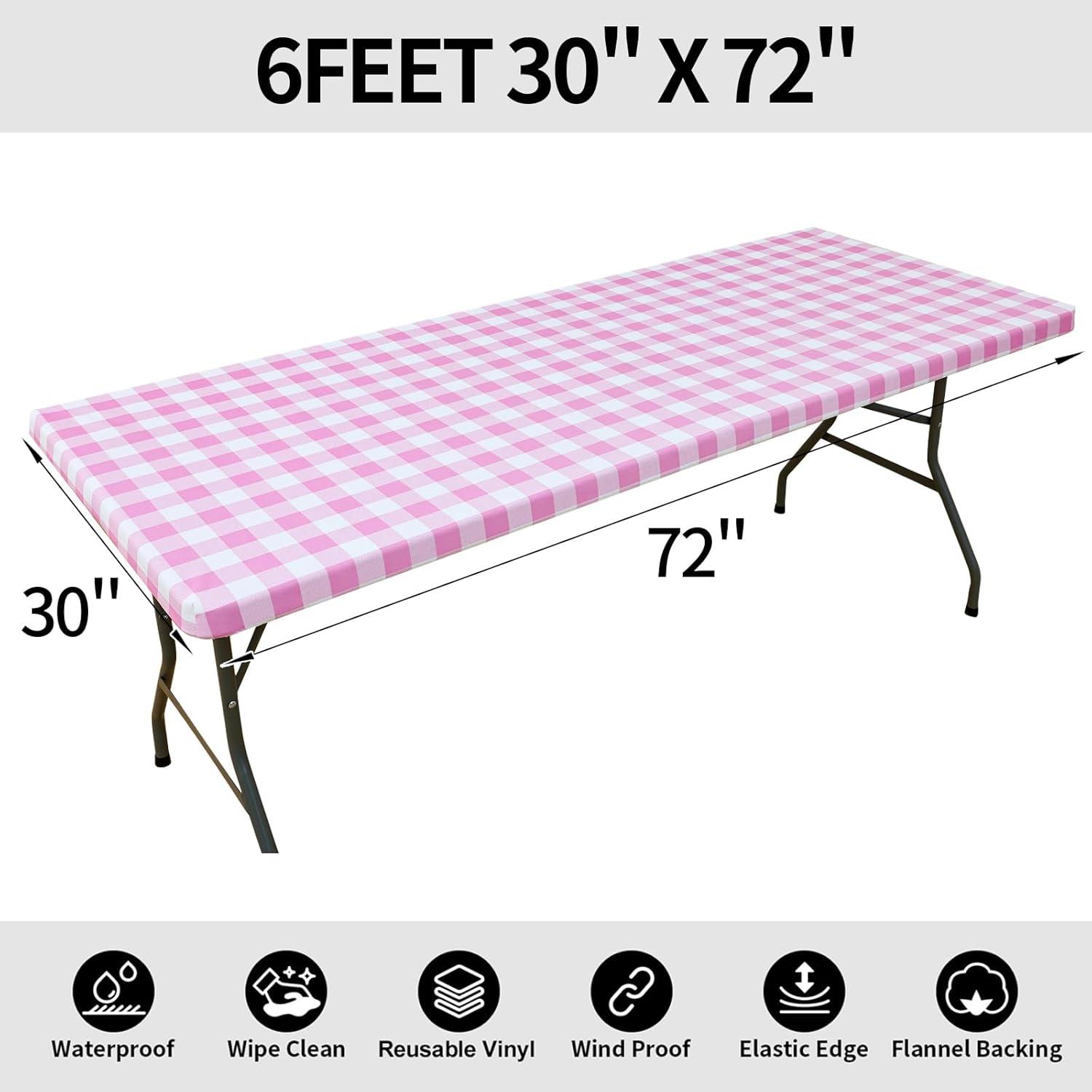 imageSmiry Rectangle Picnic Table Cloth Elastic Waterproof Fitted Vinyl Tablecloth for 4 FT Tables Flannel Backed Buffalo Plaid Table Covers for Dining Camping Outdoor White and Grey 30quot x 48quotPink and White