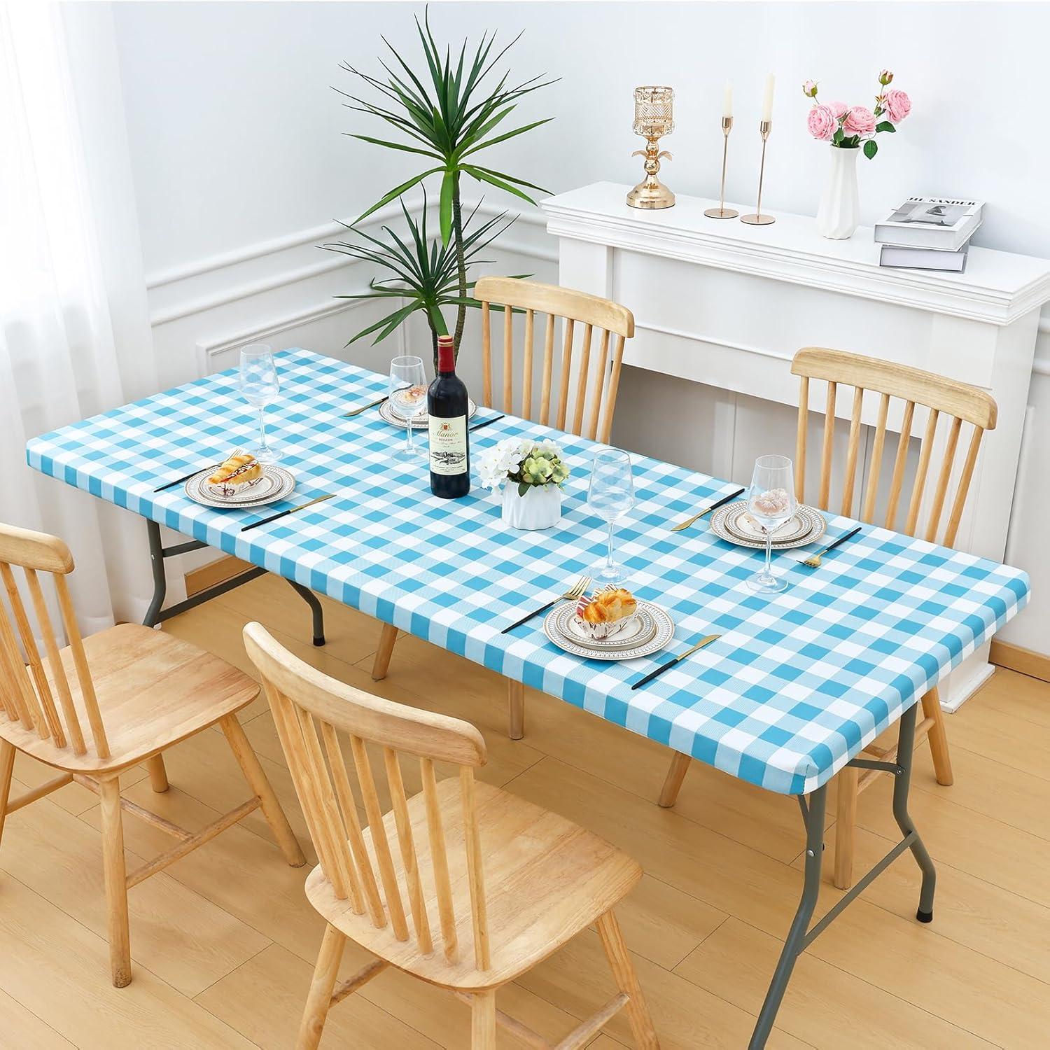 imageSmiry Rectangle Picnic Table Cloth Elastic Waterproof Fitted Vinyl Tablecloth for 4 FT Tables Flannel Backed Buffalo Plaid Table Covers for Dining Camping Outdoor White and Grey 30quot x 48quotAqua and White
