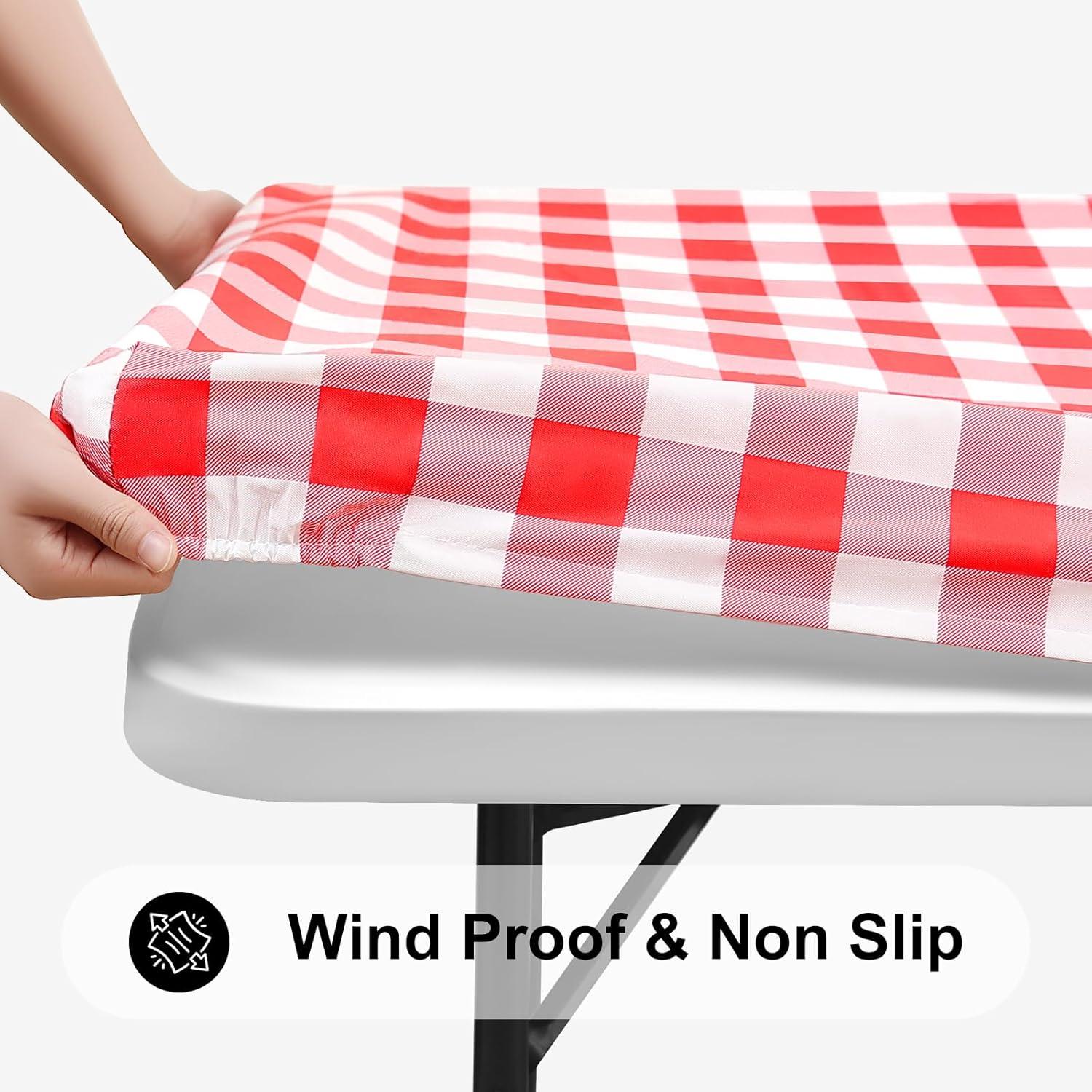 imageSmiry Rectangle Picnic Table Cloth Elastic Waterproof Fitted Vinyl Tablecloth for 4 FT Tables Flannel Backed Buffalo Plaid Table Covers for Dining Camping Outdoor White and Grey 30quot x 48quotRed and White