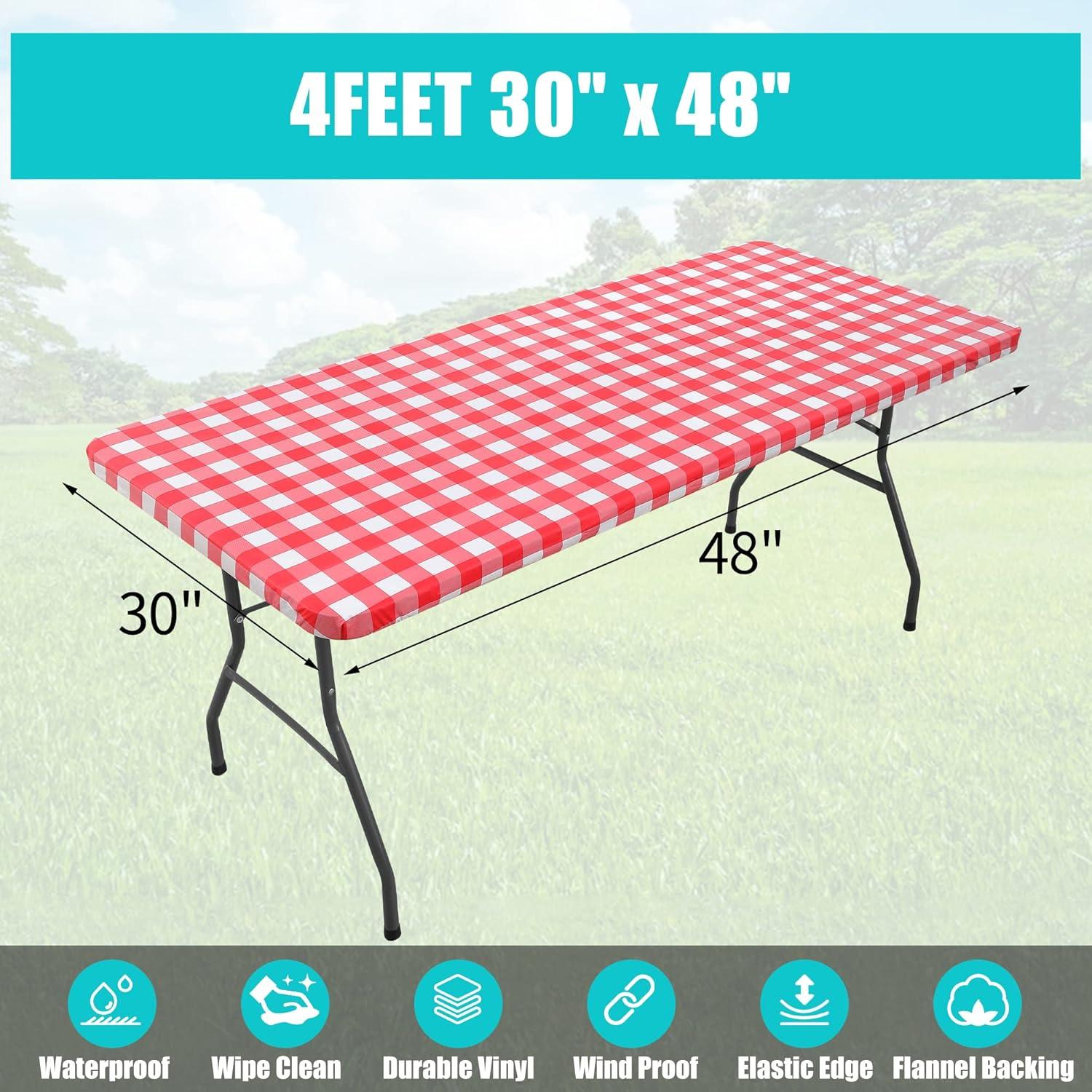 imageSmiry Rectangle Picnic Table Cloth Elastic Waterproof Fitted Vinyl Tablecloth for 4 FT Tables Flannel Backed Buffalo Plaid Table Covers for Dining Camping Outdoor White and Grey 30quot x 48quotRed and White