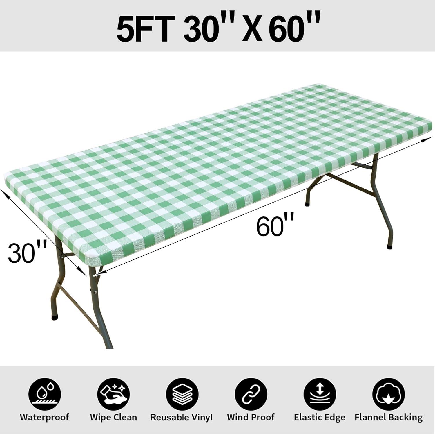 imageSmiry Rectangle Picnic Table Cloth Elastic Waterproof Fitted Vinyl Tablecloth for 4 FT Tables Flannel Backed Buffalo Plaid Table Covers for Dining Camping Outdoor White and Grey 30quot x 48quotSage Green and White