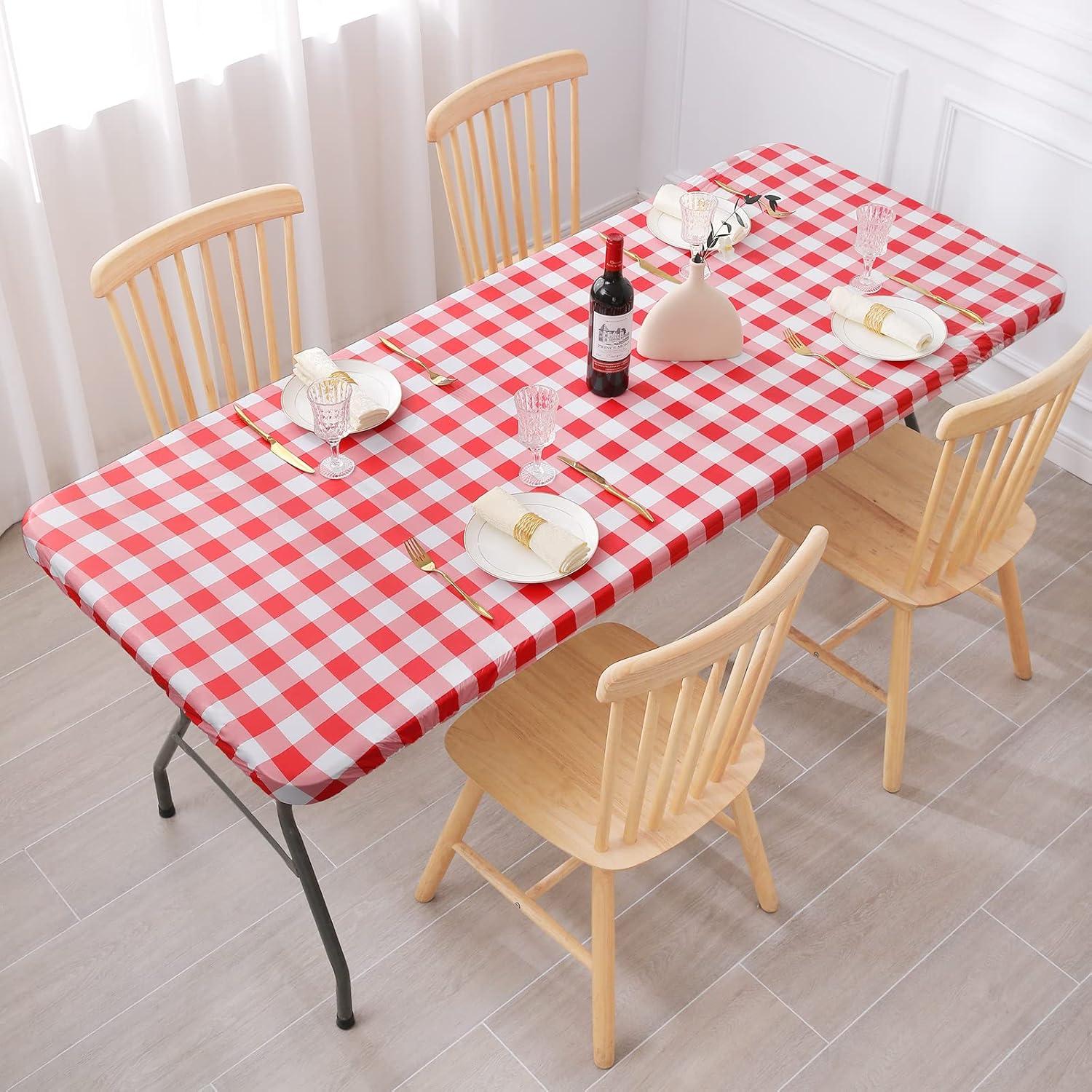 imageSmiry Rectangle Picnic Table Cloth Elastic Waterproof Fitted Vinyl Tablecloth for 4 FT Tables Flannel Backed Buffalo Plaid Table Covers for Dining Camping Outdoor White and Grey 30quot x 48quotRed and White