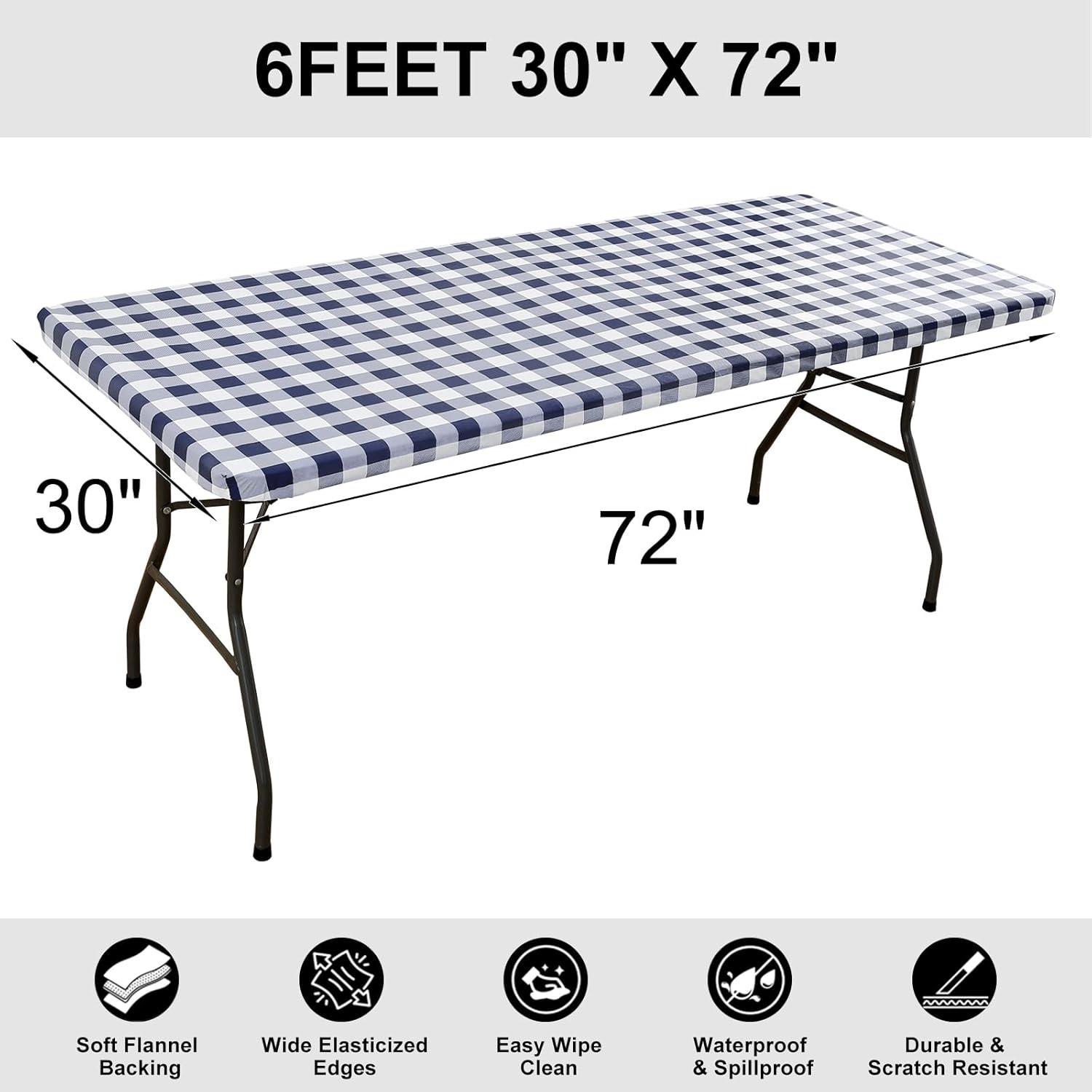imageSmiry Rectangle Picnic Table Cloth Elastic Waterproof Fitted Vinyl Tablecloth for 4 FT Tables Flannel Backed Buffalo Plaid Table Covers for Dining Camping Outdoor White and Grey 30quot x 48quotNavy and White