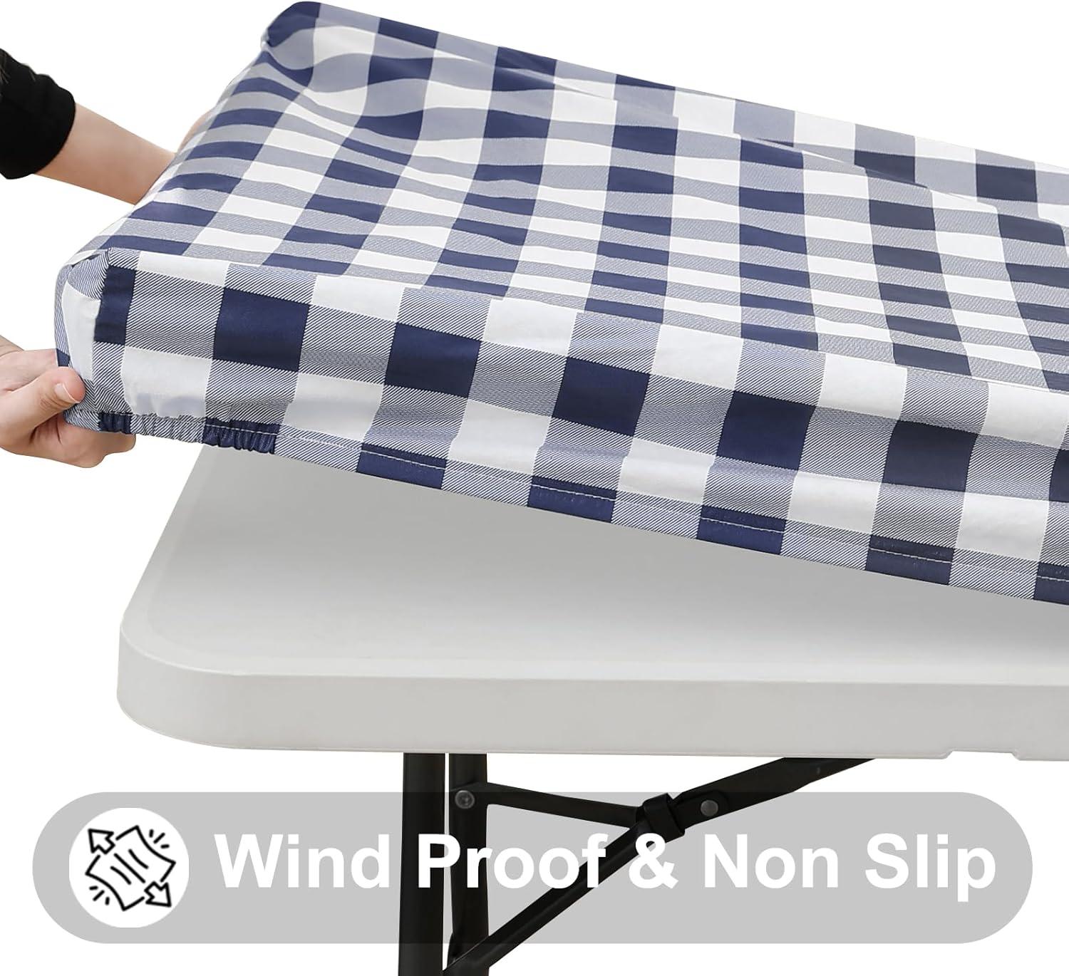 imageSmiry Rectangle Picnic Table Cloth Elastic Waterproof Fitted Vinyl Tablecloth for 4 FT Tables Flannel Backed Buffalo Plaid Table Covers for Dining Camping Outdoor White and Grey 30quot x 48quotNavy and White