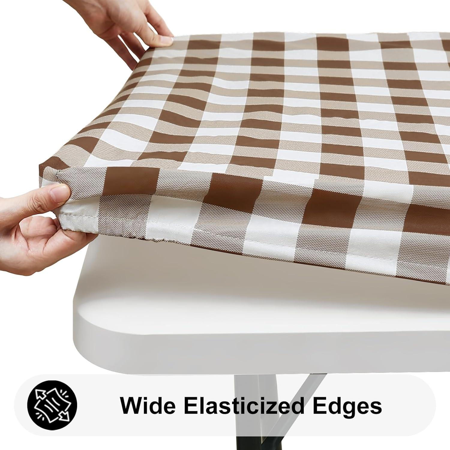 imageSmiry Rectangle Picnic Table Cloth Elastic Waterproof Fitted Vinyl Tablecloth for 4 FT Tables Flannel Backed Buffalo Plaid Table Covers for Dining Camping Outdoor White and Grey 30quot x 48quotBrown and White