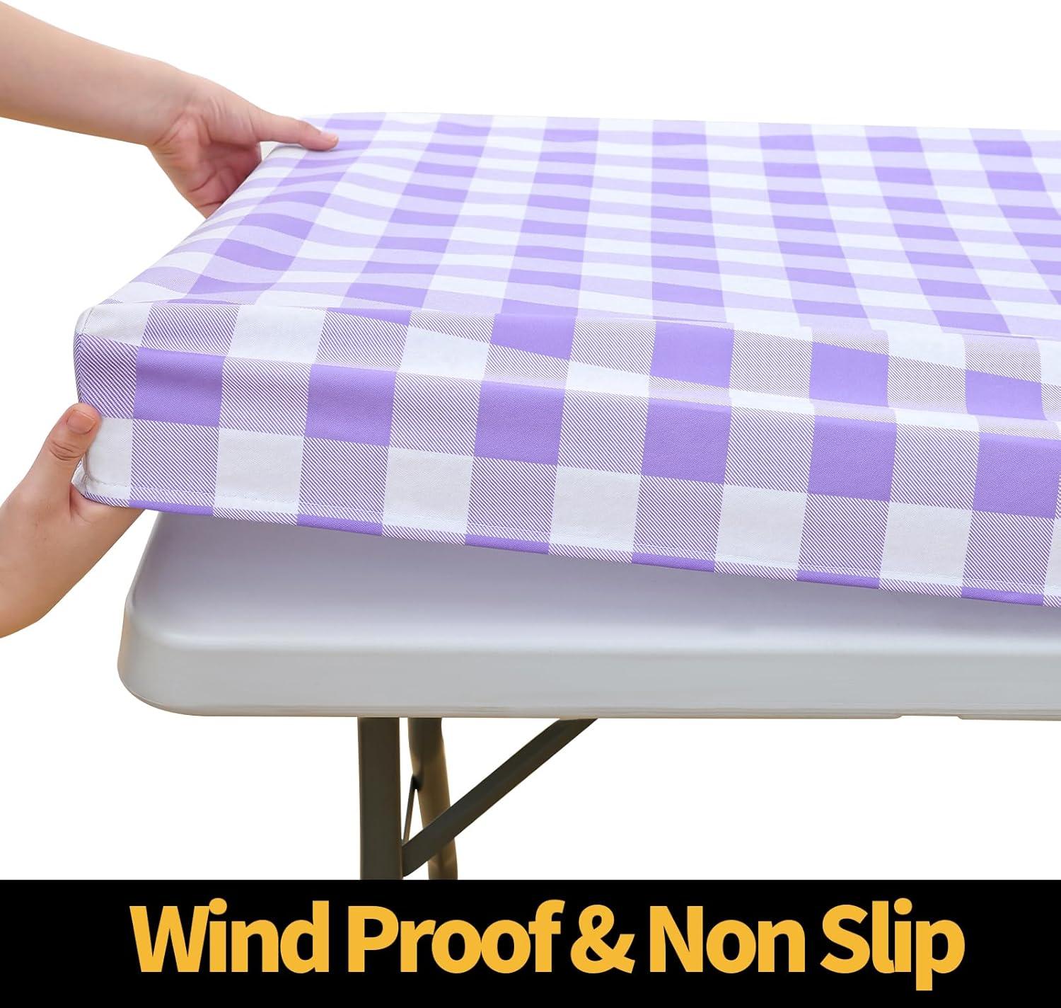 imageSmiry Rectangle Picnic Table Cloth Elastic Waterproof Fitted Vinyl Tablecloth for 4 FT Tables Flannel Backed Buffalo Plaid Table Covers for Dining Camping Outdoor White and Grey 30quot x 48quotPurple and White