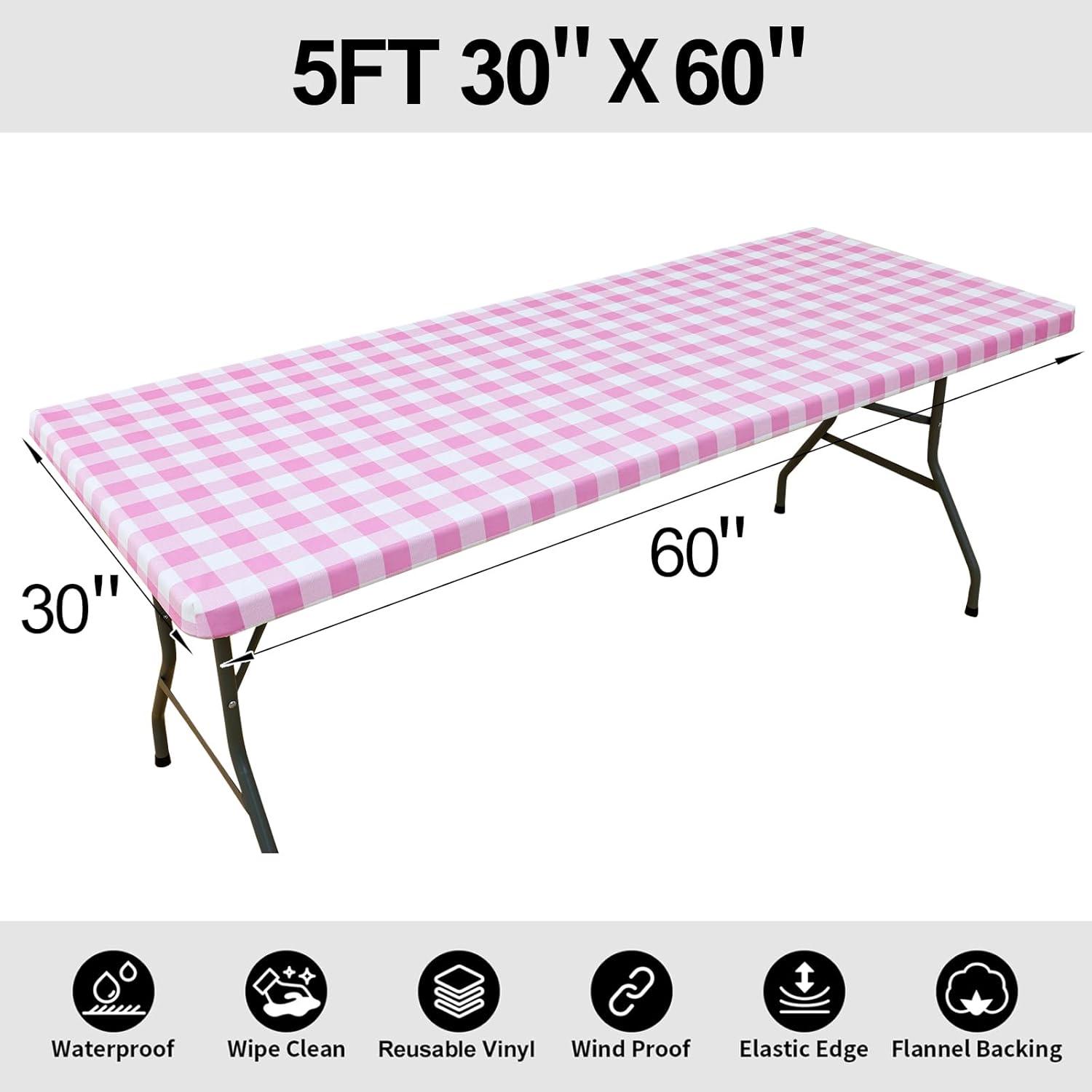 imageSmiry Rectangle Picnic Table Cloth Elastic Waterproof Fitted Vinyl Tablecloth for 4 FT Tables Flannel Backed Buffalo Plaid Table Covers for Dining Camping Outdoor White and Grey 30quot x 48quotPink and White
