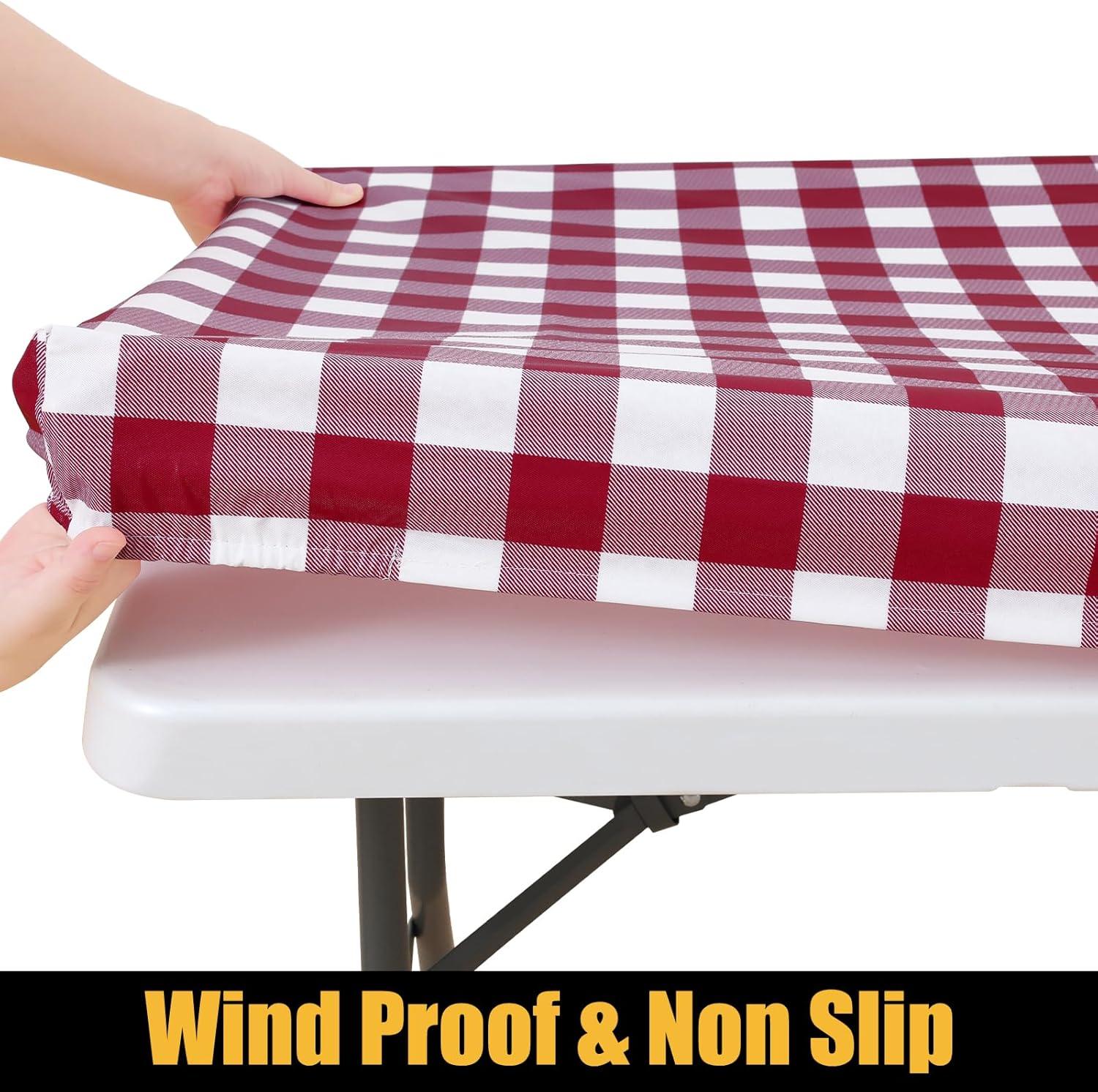 imageSmiry Rectangle Picnic Table Cloth Elastic Waterproof Fitted Vinyl Tablecloth for 4 FT Tables Flannel Backed Buffalo Plaid Table Covers for Dining Camping Outdoor White and Grey 30quot x 48quotBurgundy and White