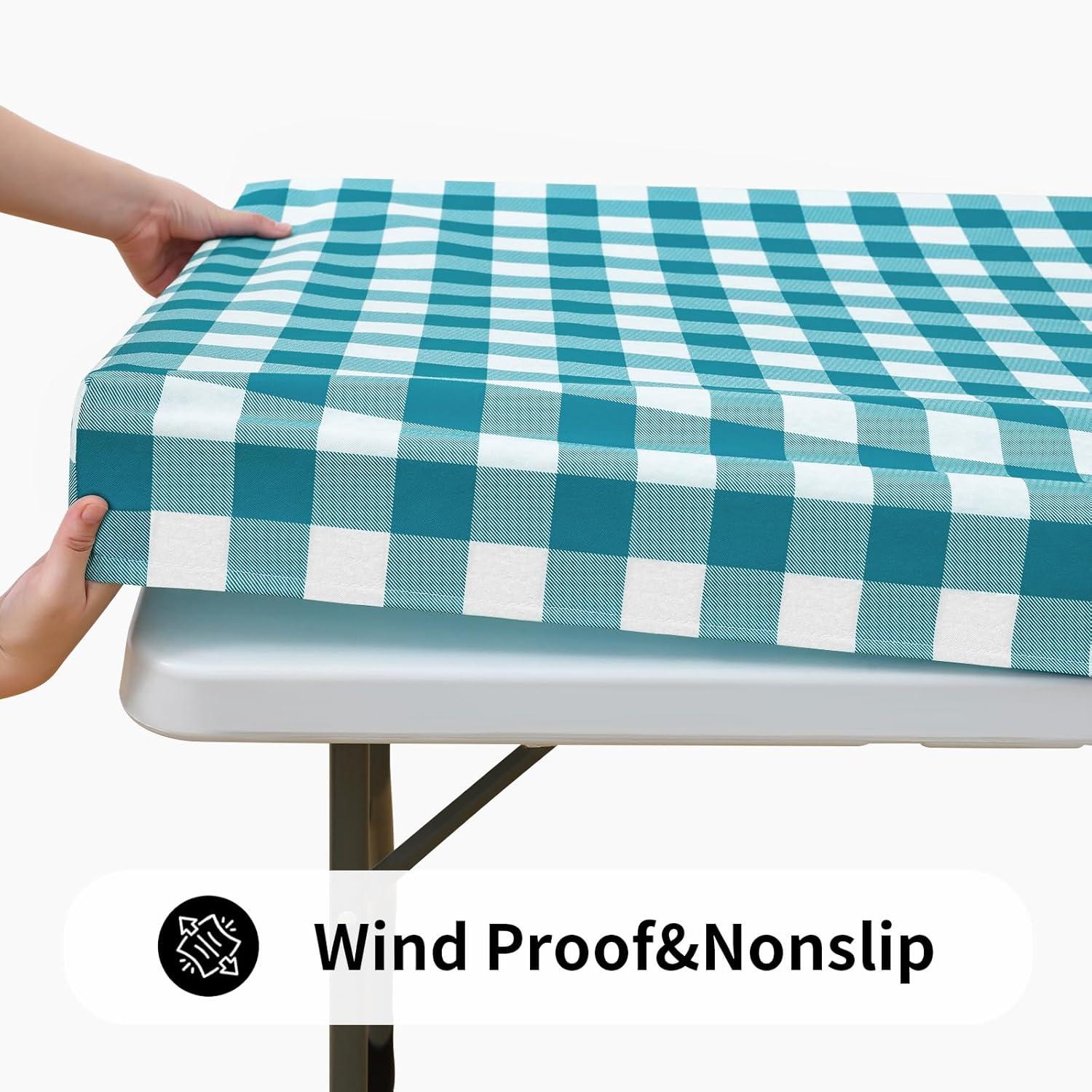 imageSmiry Rectangle Picnic Table Cloth Elastic Waterproof Fitted Vinyl Tablecloth for 4 FT Tables Flannel Backed Buffalo Plaid Table Covers for Dining Camping Outdoor White and Grey 30quot x 48quotTurquoise and White