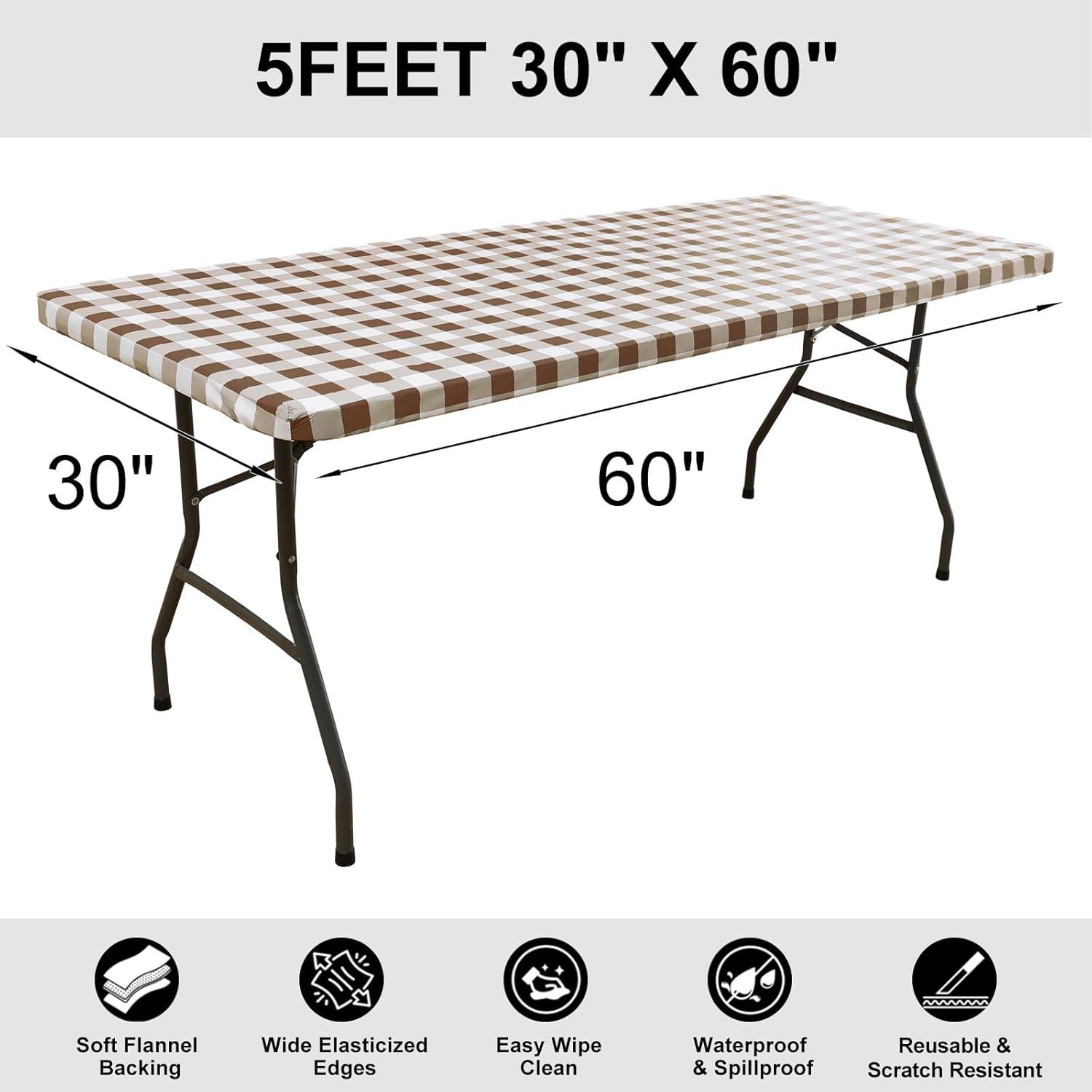 imageSmiry Rectangle Picnic Table Cloth Elastic Waterproof Fitted Vinyl Tablecloth for 4 FT Tables Flannel Backed Buffalo Plaid Table Covers for Dining Camping Outdoor White and Grey 30quot x 48quotBrown and White