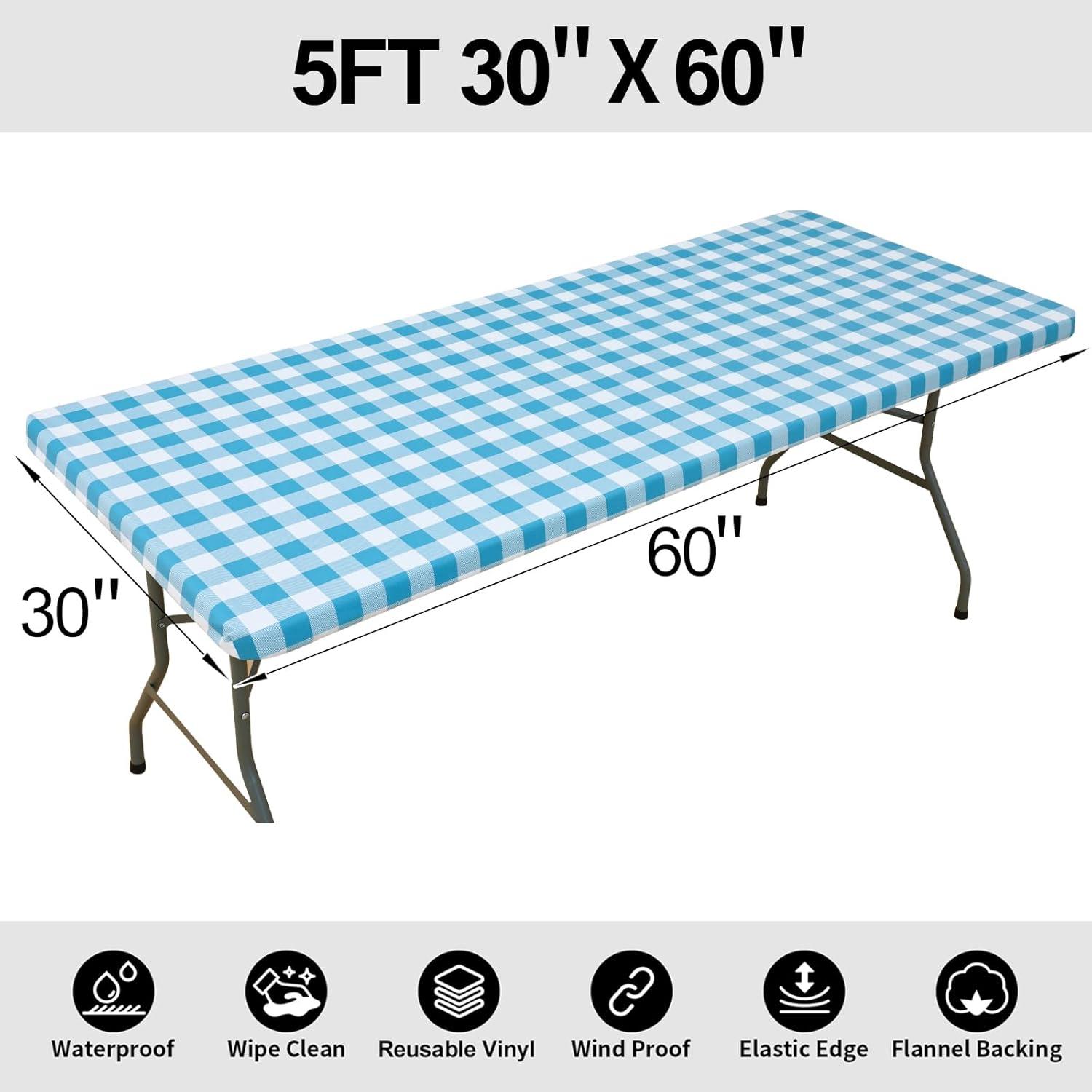 imageSmiry Rectangle Picnic Table Cloth Elastic Waterproof Fitted Vinyl Tablecloth for 4 FT Tables Flannel Backed Buffalo Plaid Table Covers for Dining Camping Outdoor White and Grey 30quot x 48quotAqua and White