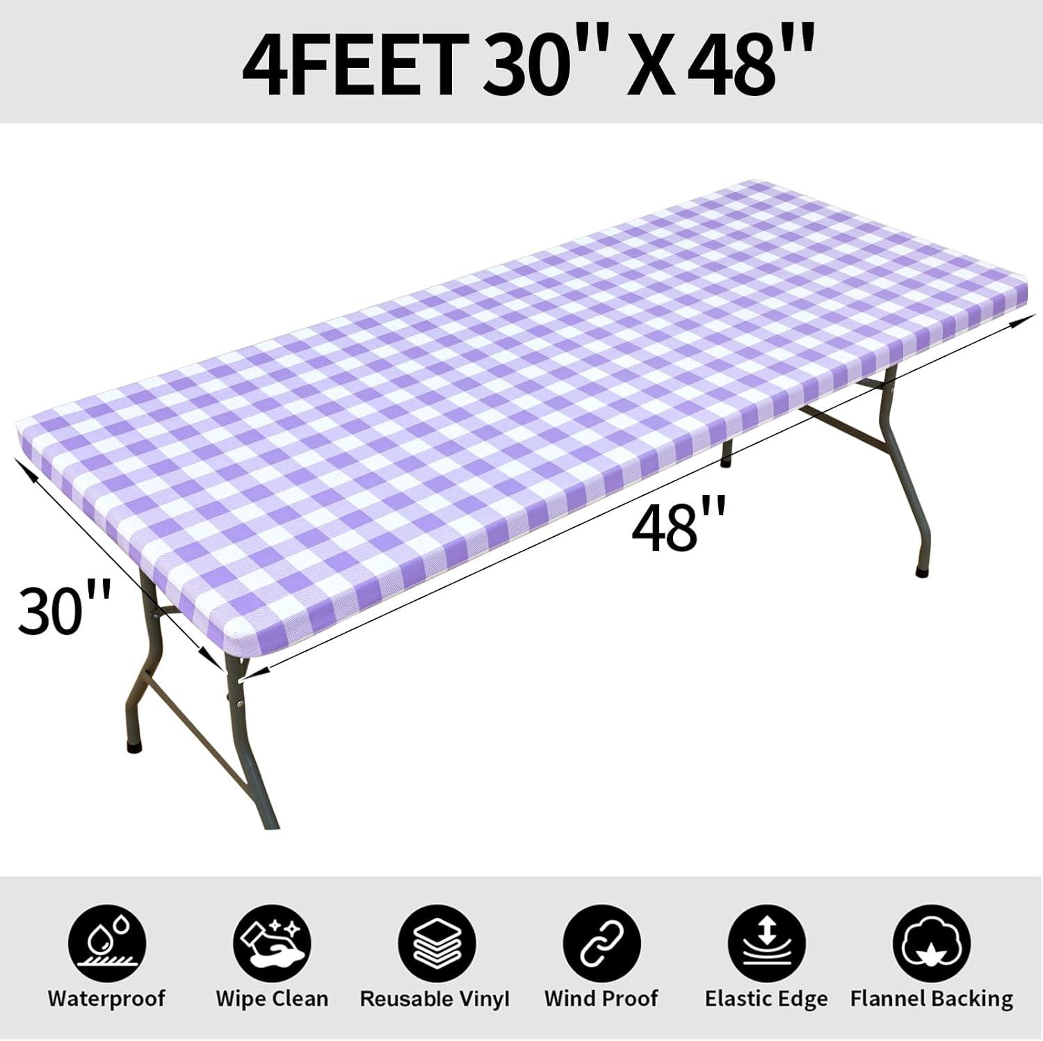 imageSmiry Rectangle Picnic Table Cloth Elastic Waterproof Fitted Vinyl Tablecloth for 4 FT Tables Flannel Backed Buffalo Plaid Table Covers for Dining Camping Outdoor White and Grey 30quot x 48quotPurple and White