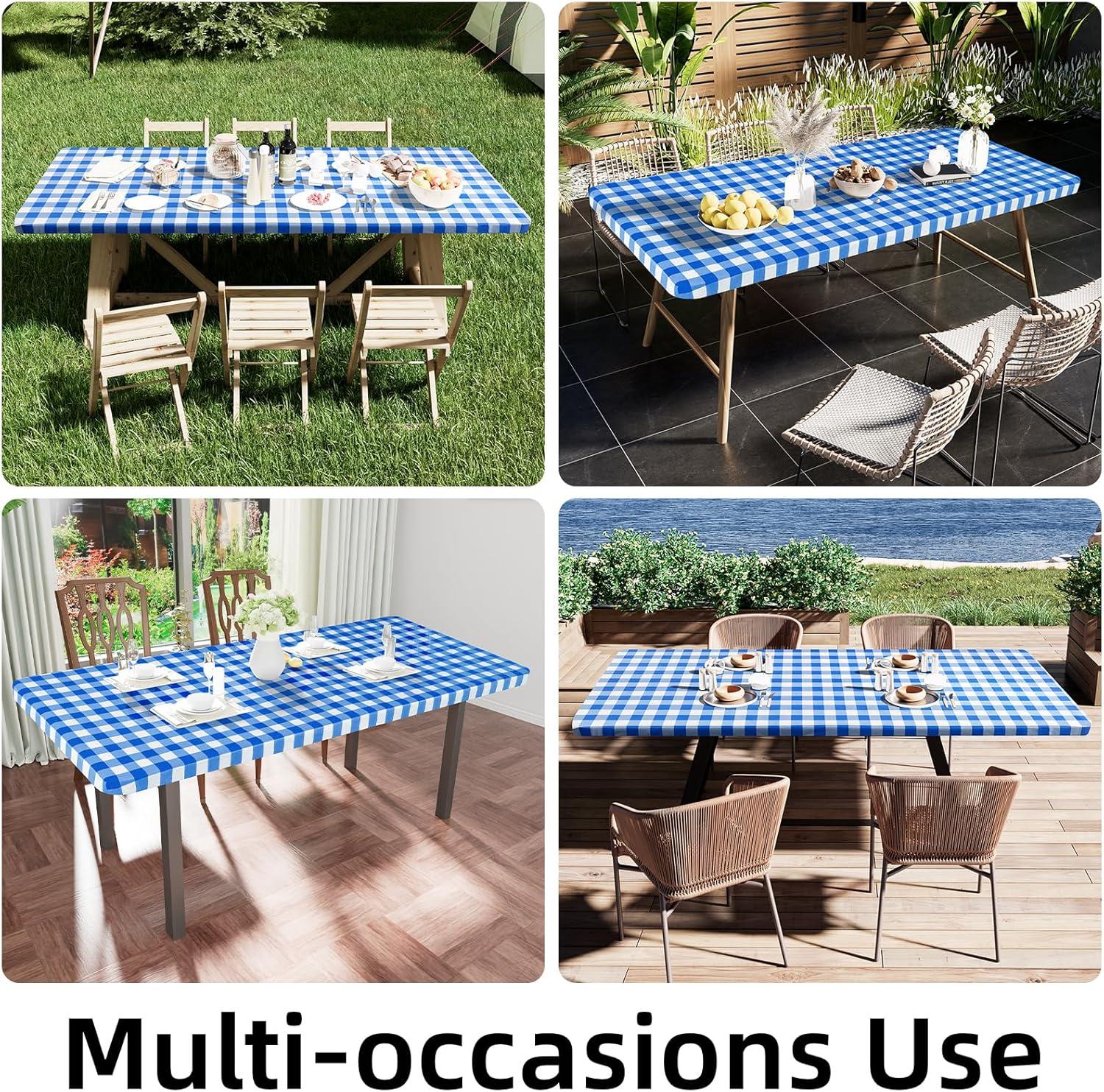 imageSmiry Rectangle Picnic Table Cloth Elastic Waterproof Fitted Vinyl Tablecloth for 4 FT Tables Flannel Backed Buffalo Plaid Table Covers for Dining Camping Outdoor White and Grey 30quot x 48quotBlue and White