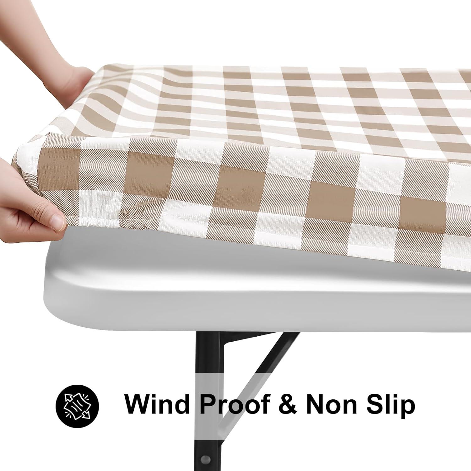 imageSmiry Rectangle Picnic Table Cloth Elastic Waterproof Fitted Vinyl Tablecloth for 4 FT Tables Flannel Backed Buffalo Plaid Table Covers for Dining Camping Outdoor White and Grey 30quot x 48quotKhaki and White