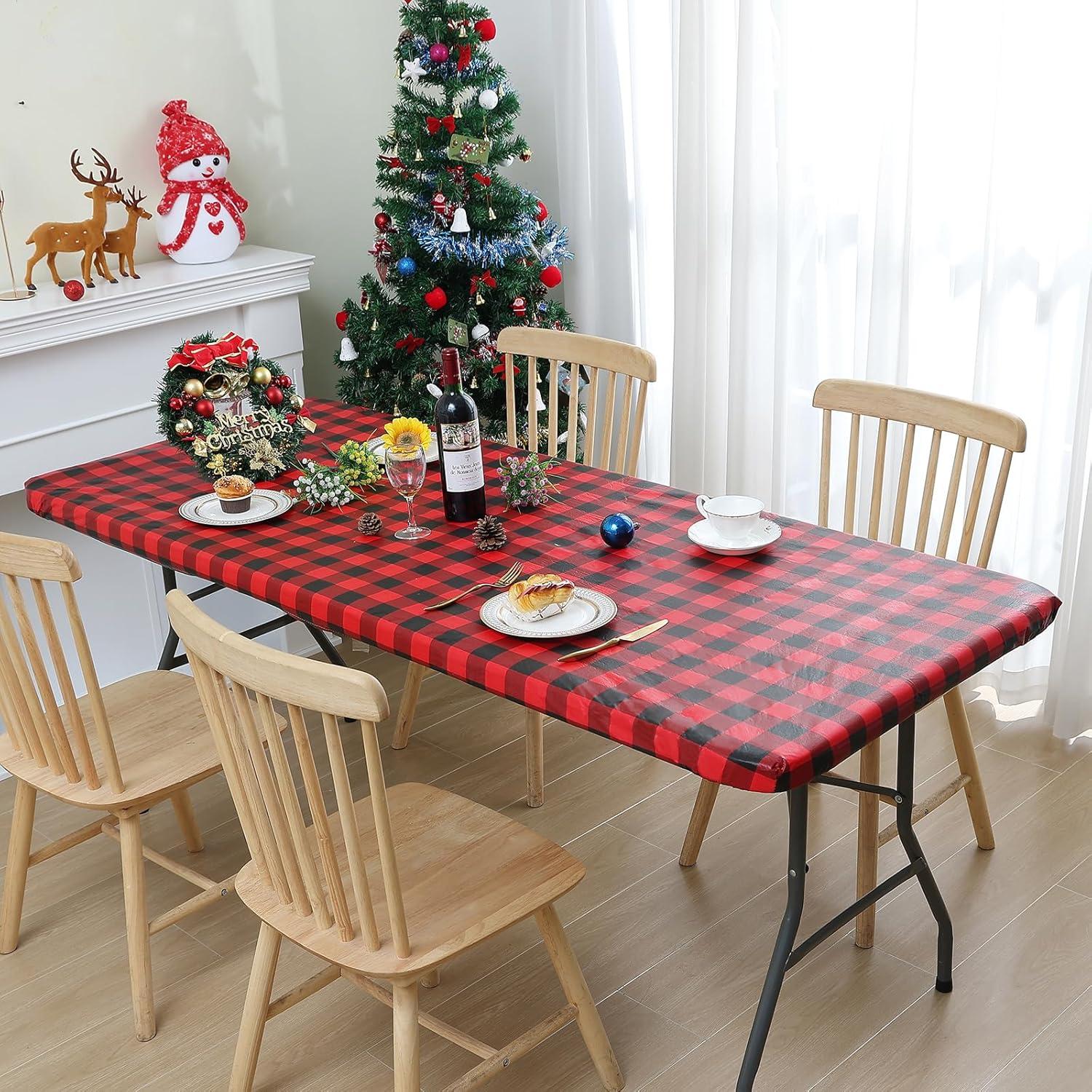 imageSmiry Rectangle Picnic Table Cloth Elastic Waterproof Fitted Vinyl Tablecloth for 4 FT Tables Flannel Backed Buffalo Plaid Table Covers for Dining Camping Outdoor White and Grey 30quot x 48quotRed and Black