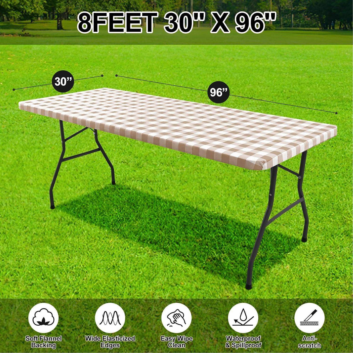 imageSmiry Rectangle Picnic Table Cloth Elastic Waterproof Fitted Vinyl Tablecloth for 4 FT Tables Flannel Backed Buffalo Plaid Table Covers for Dining Camping Outdoor White and Grey 30quot x 48quotKhaki and White