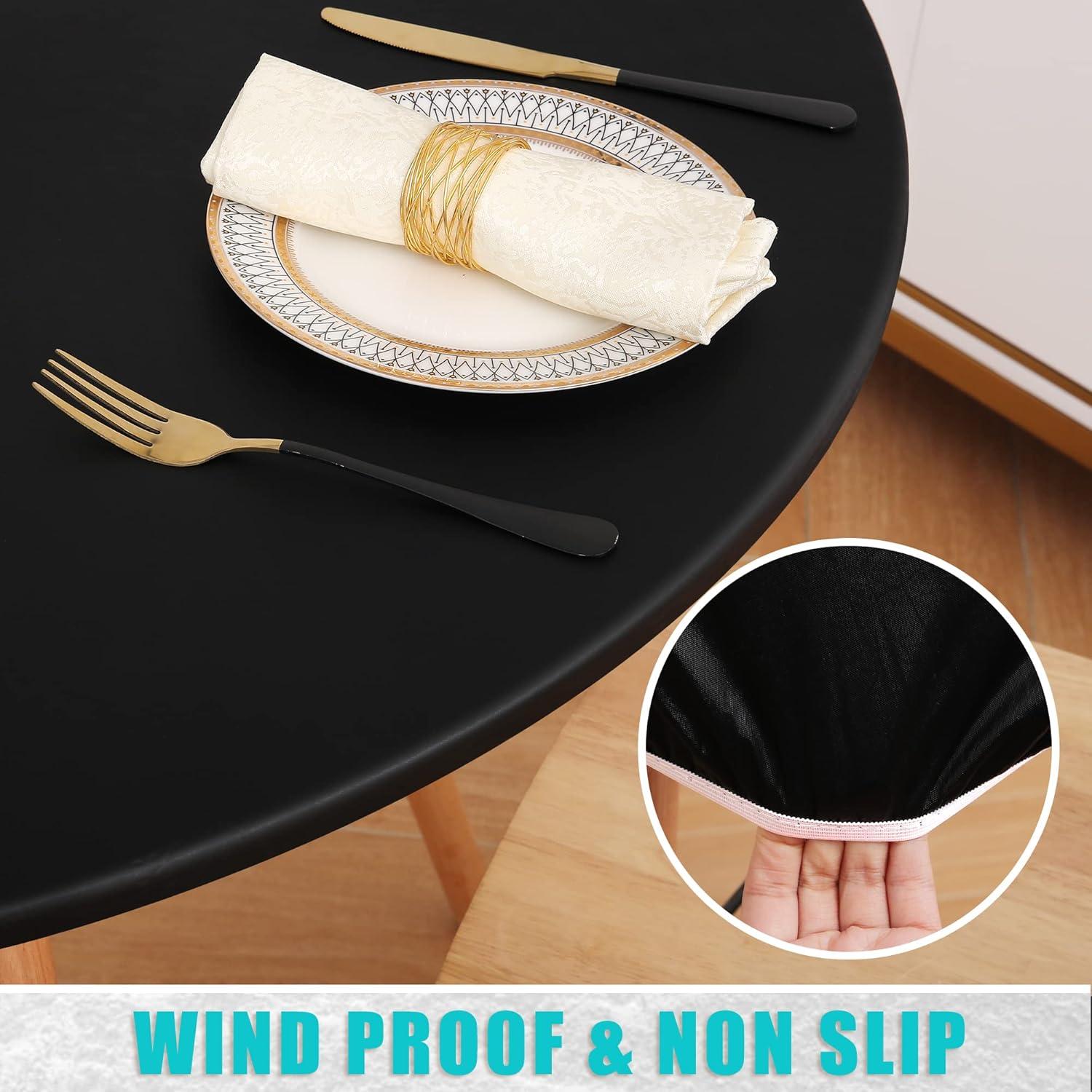 imageSmiry Round Table Cloth Cover Elastic Fitted Flannel Backed Vinyl Tablecloths for 45quot56quot Round Tables Waterproof Wipeable Table Covers for Indoor Outdoor Picnic and Camping BlackBlack