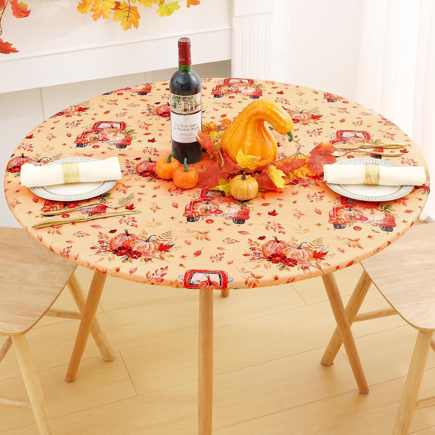 imageSmiry Round Table Cloth Cover Elastic Fitted Flannel Backed Vinyl Tablecloths for 45quot56quot Round Tables Waterproof Wipeable Table Covers for Indoor Outdoor Picnic and Camping BlackYellow  Orange