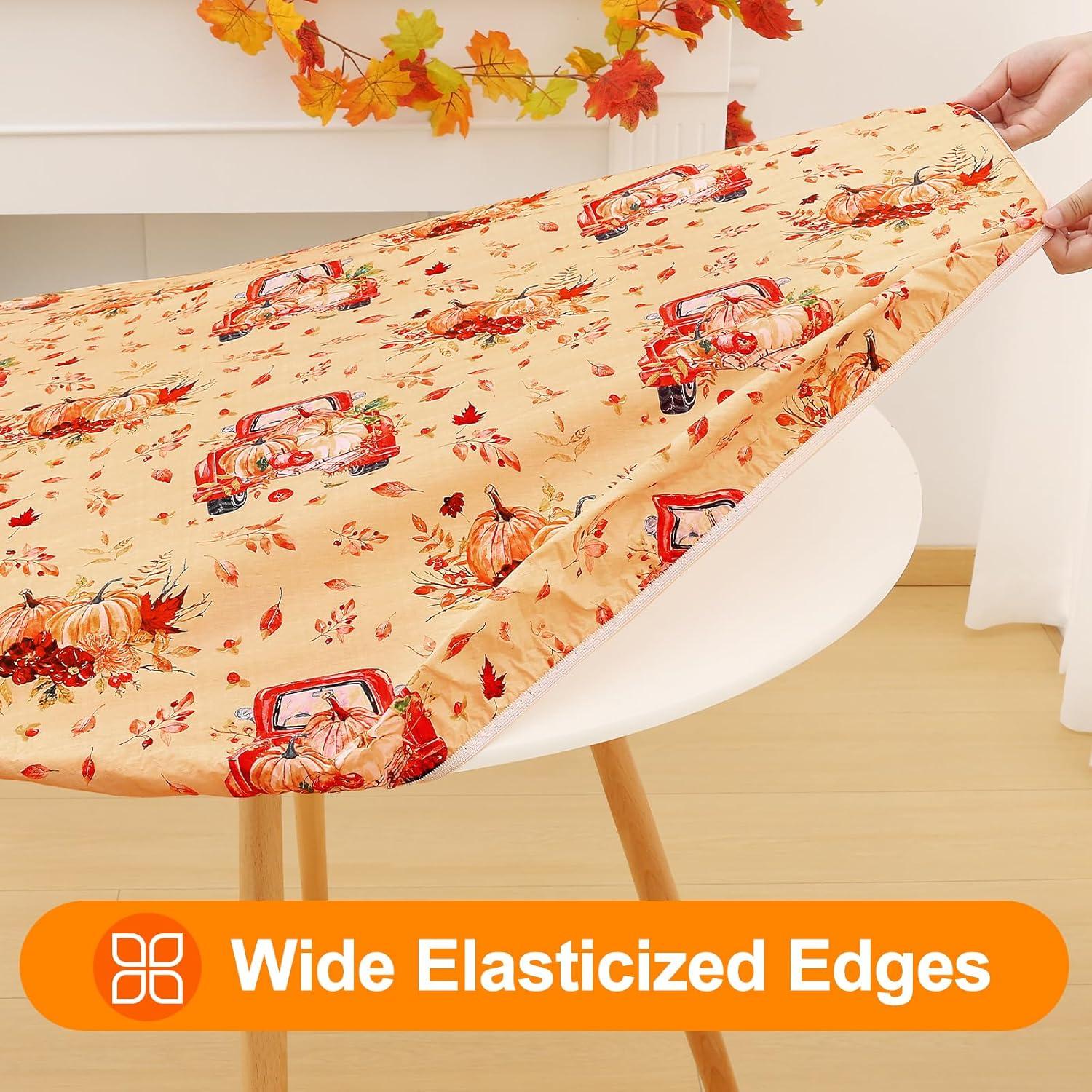 imageSmiry Round Table Cloth Cover Elastic Fitted Flannel Backed Vinyl Tablecloths for 45quot56quot Round Tables Waterproof Wipeable Table Covers for Indoor Outdoor Picnic and Camping BlackYellow  Orange
