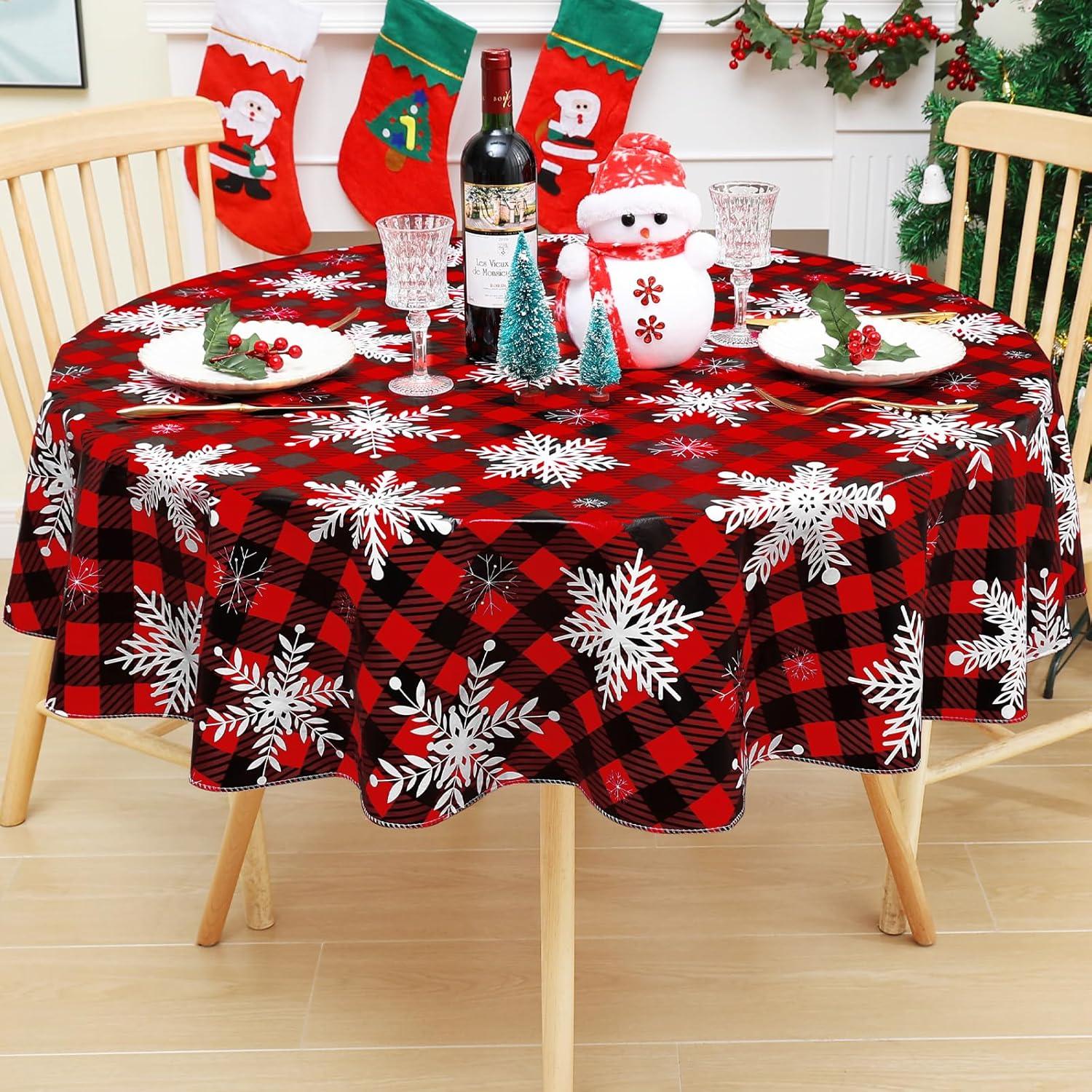 imageSmiry Snowflake Flannel Backed Vinyl Tablecloth Waterproof Round Table Cloth Wipeable Christmas Table Cover for Indoor and Outdoor 60quot Round Black and Red