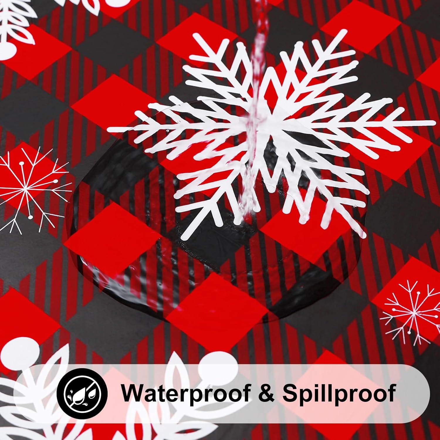imageSmiry Snowflake Flannel Backed Vinyl Tablecloth Waterproof Round Table Cloth Wipeable Christmas Table Cover for Indoor and Outdoor 60quot Round Black and Red