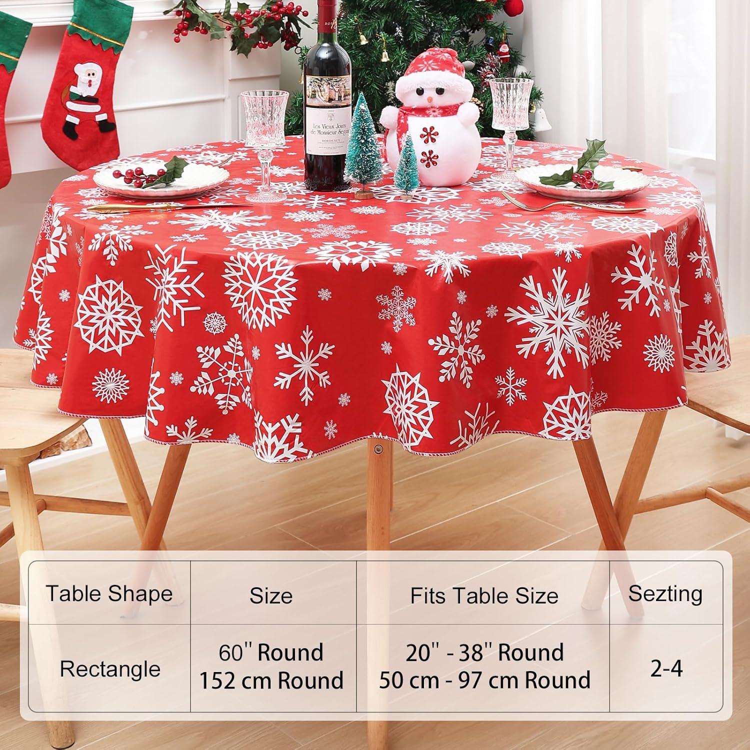 imageSmiry Snowflake Flannel Backed Vinyl Tablecloth Waterproof Round Table Cloth Wipeable Christmas Table Cover for Indoor and Outdoor 60quot Round Red